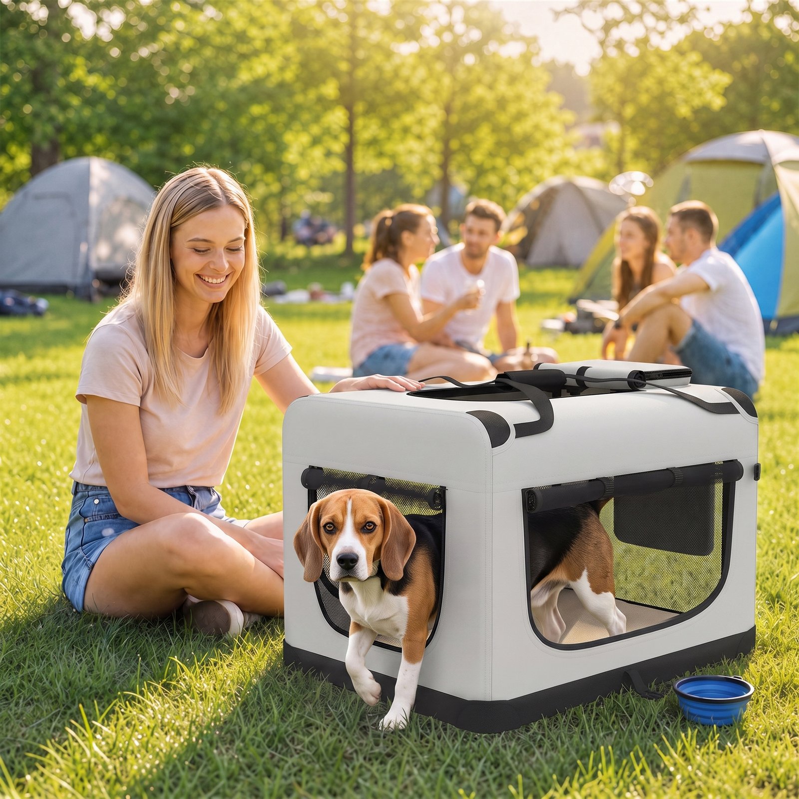 Pet Carrier Bag, Soft-Sided Dog Carrier with Security Buckle Strap, Washable Cushion and Folded Bowl, Light Grey