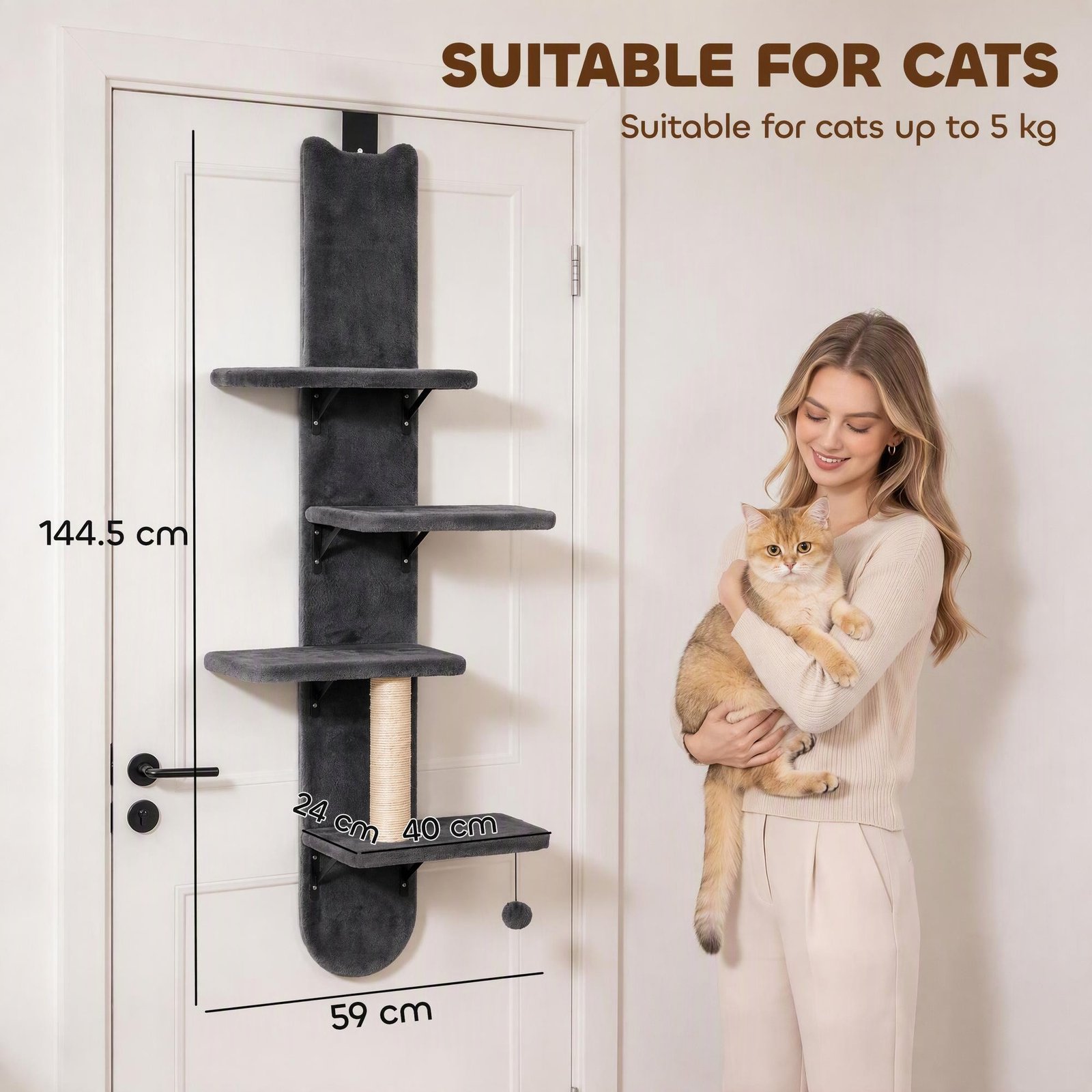 Door Hanging Cat Shelf, 4-Level Over Door Cat Climber with Platforms, Scratching Post and Hanging Ball, Dark Grey