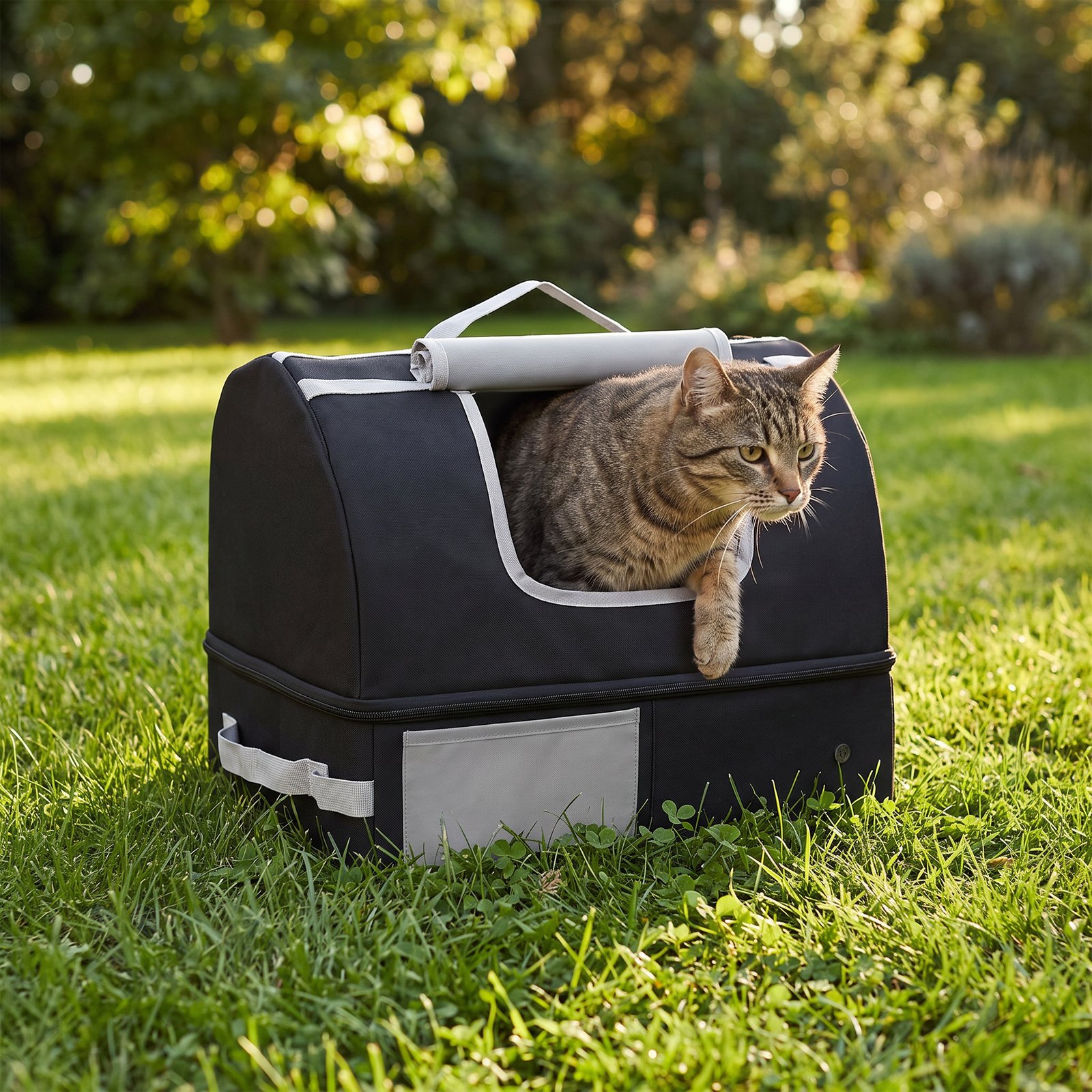 Portable Cat Litter Box with Zipper & Lid for Travel, Foldable Cat Travel Litter Tray, Black