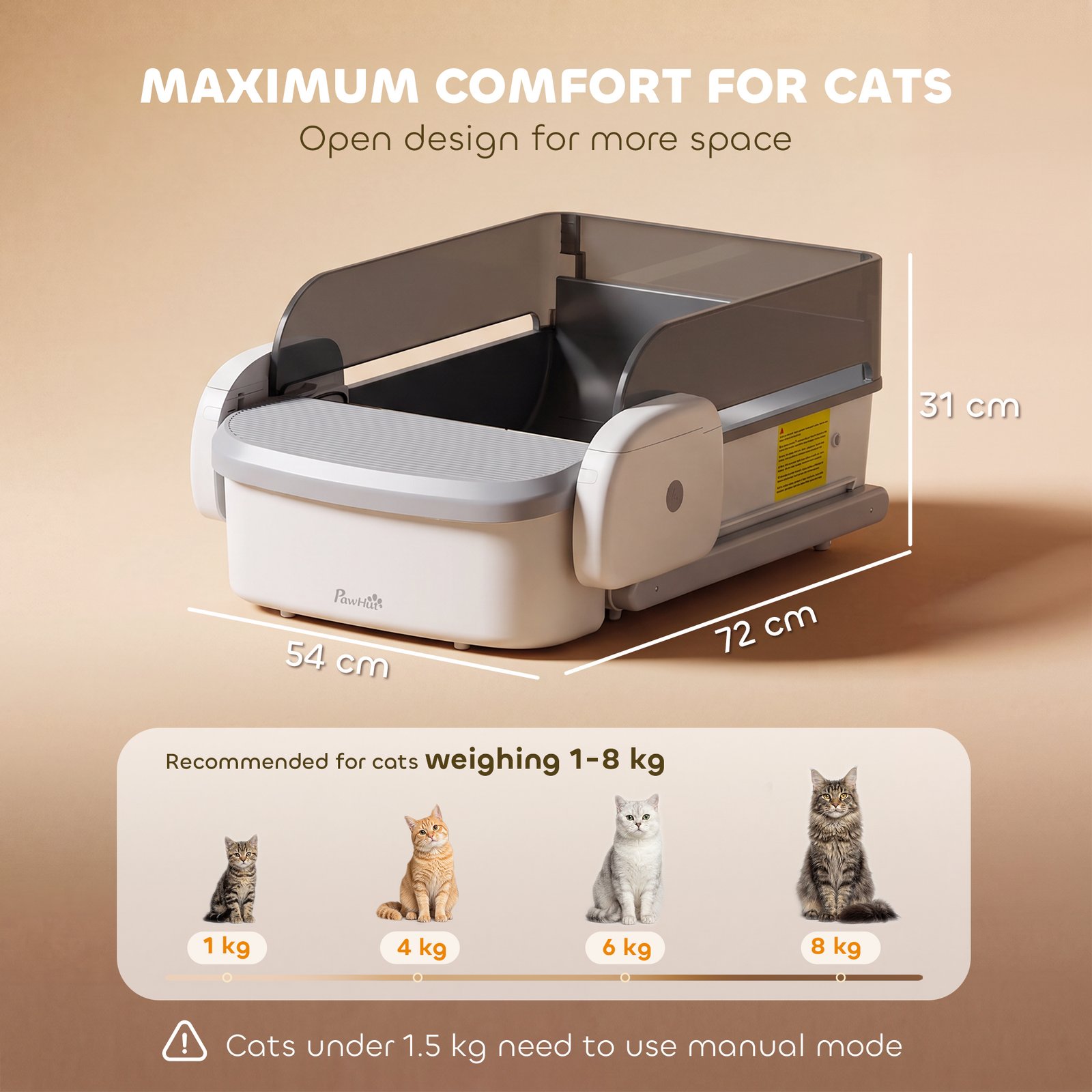 Self Cleaning Cat Litter Tray, Open-Top Automatic Litter Box with APP Control, Clumping Rake, 10L Waste Bin