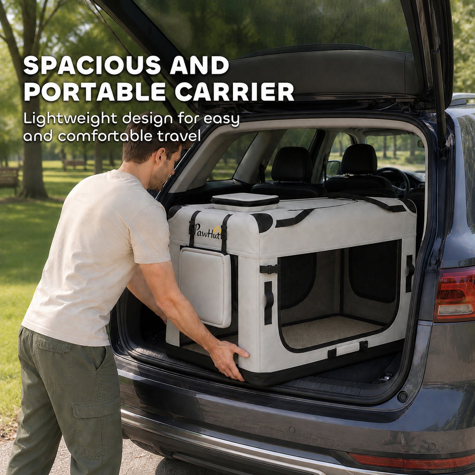 Pet Carrier Bag, Soft-Sided Dog Carrier with Security Buckle Strap, Washable Cushion and Folded Bowl, Light Grey