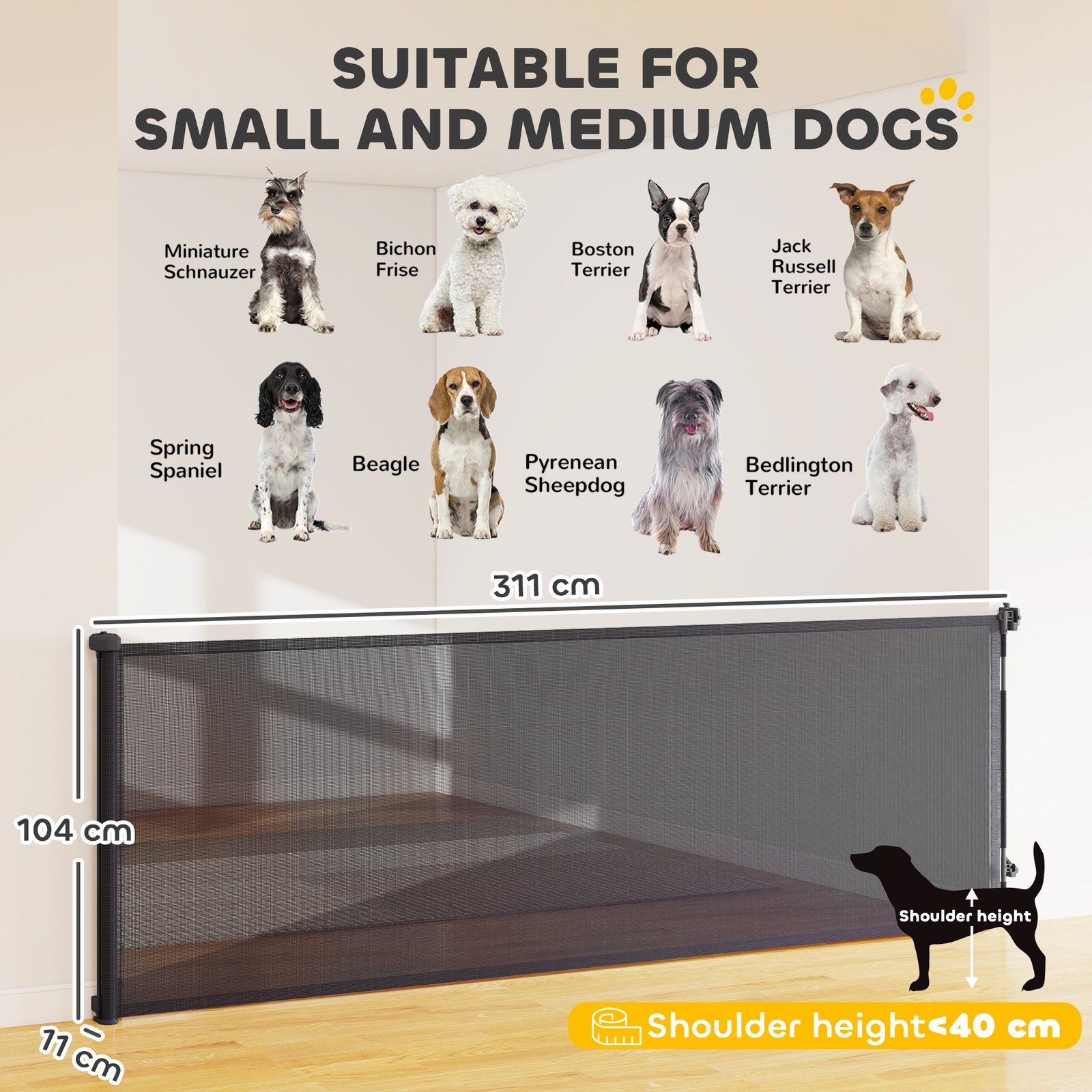Retractable Dog Gate, Extends to 300 cm Wide & 104 cm Tall, Mesh Pet Gate Single Hand Operation, for Stairs Doorways