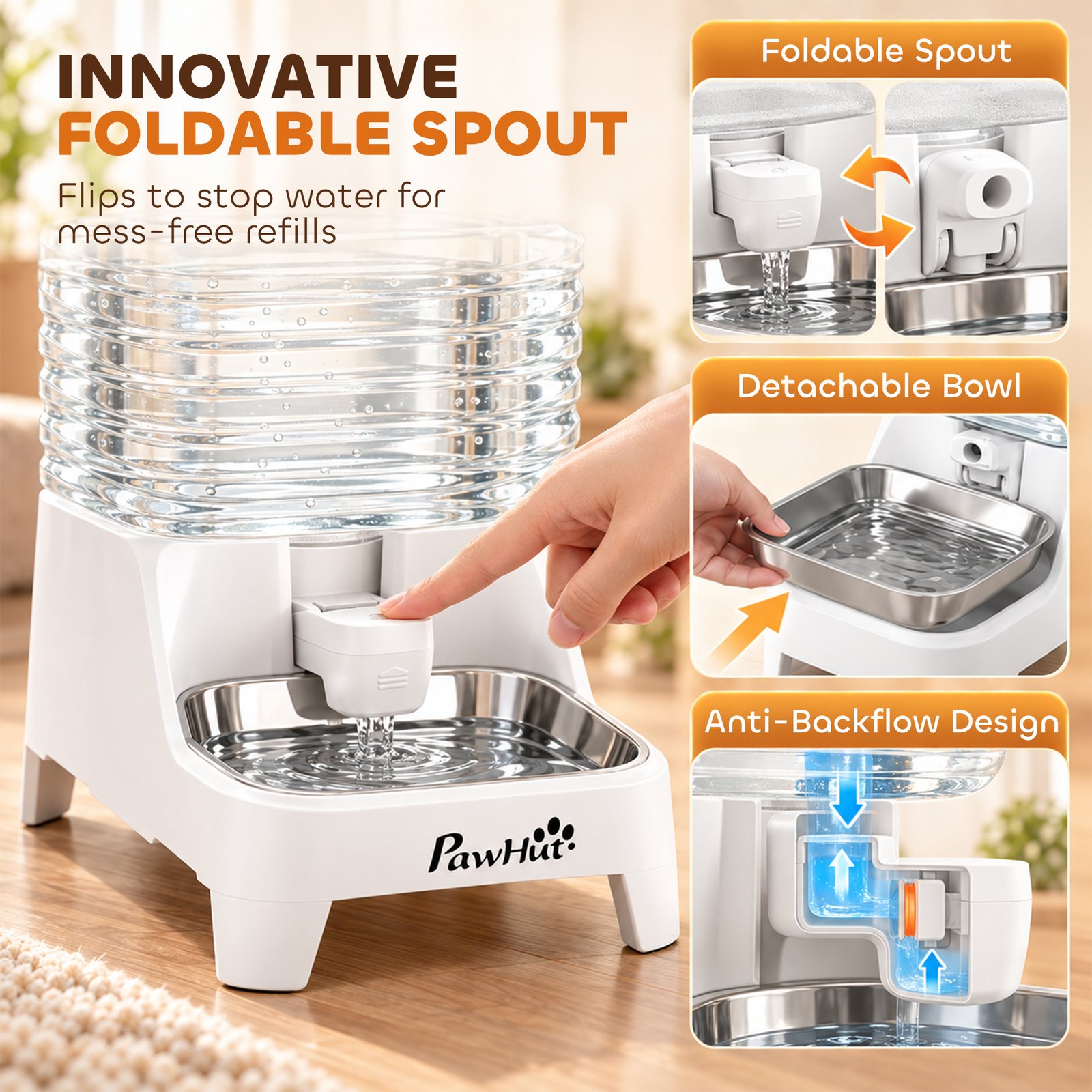 Automatic Pet Water Dispenser, 8L Gravity Dog Water Dispenser with Patented Tap, Stainless Steel Bowl, White