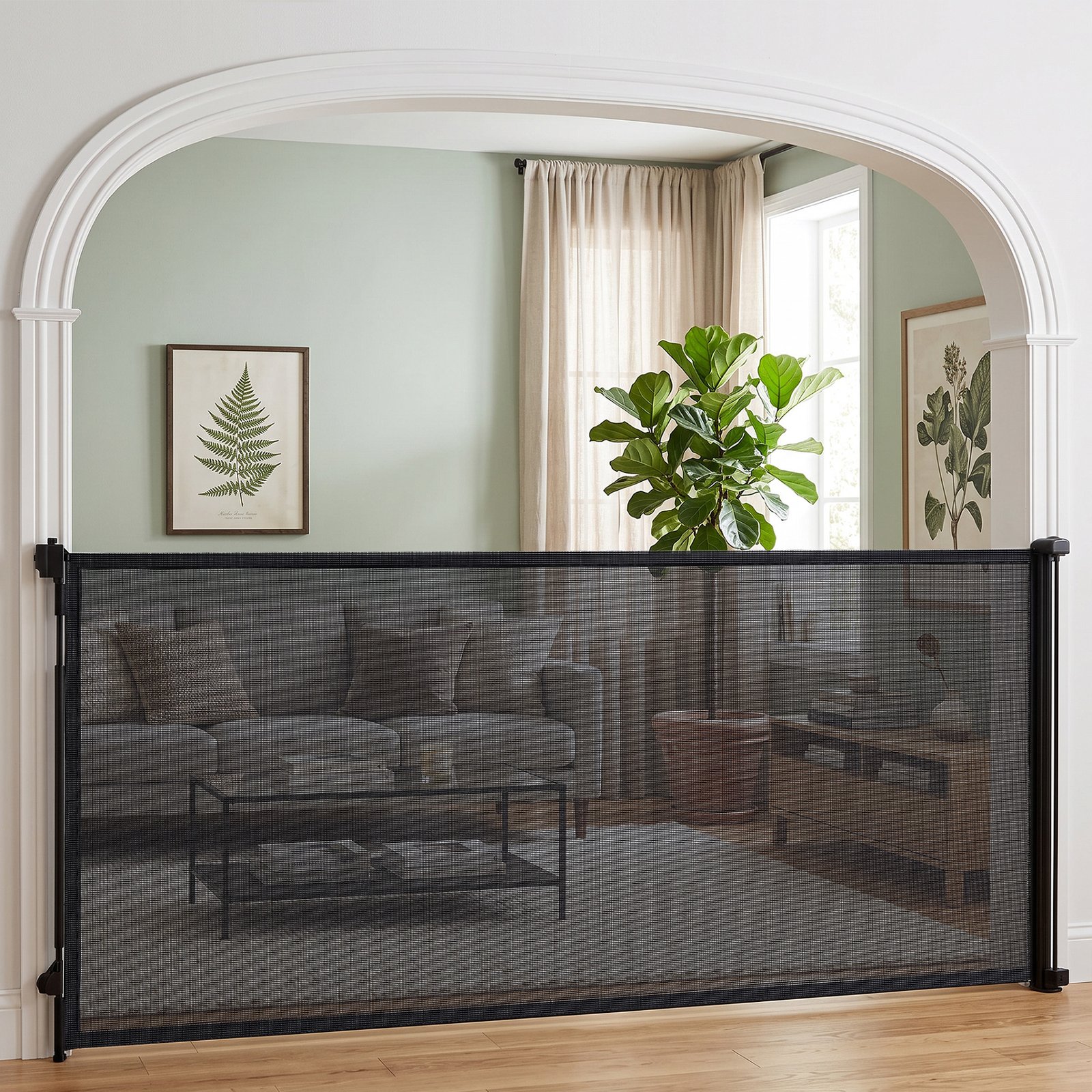 Retractable Dog Gate, Extends to 300 cm Wide & 104 cm Tall, Mesh Pet Gate Single Hand Operation, for Stairs Doorways