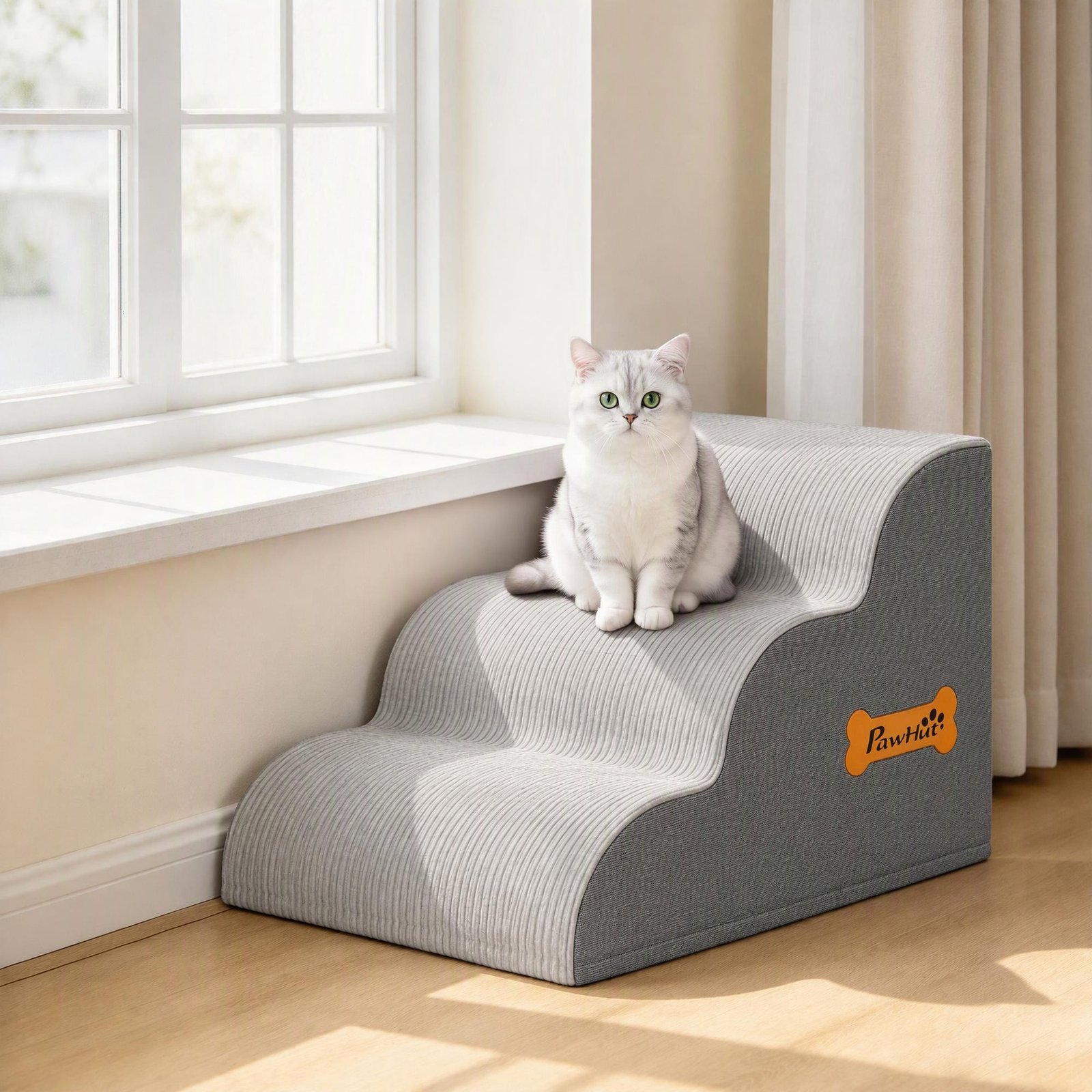 Dog Steps for Bed and Sofa, 3-Step Non-Slip Dog Stairs with Removable Washable Cover, Carry Handle, Light Grey