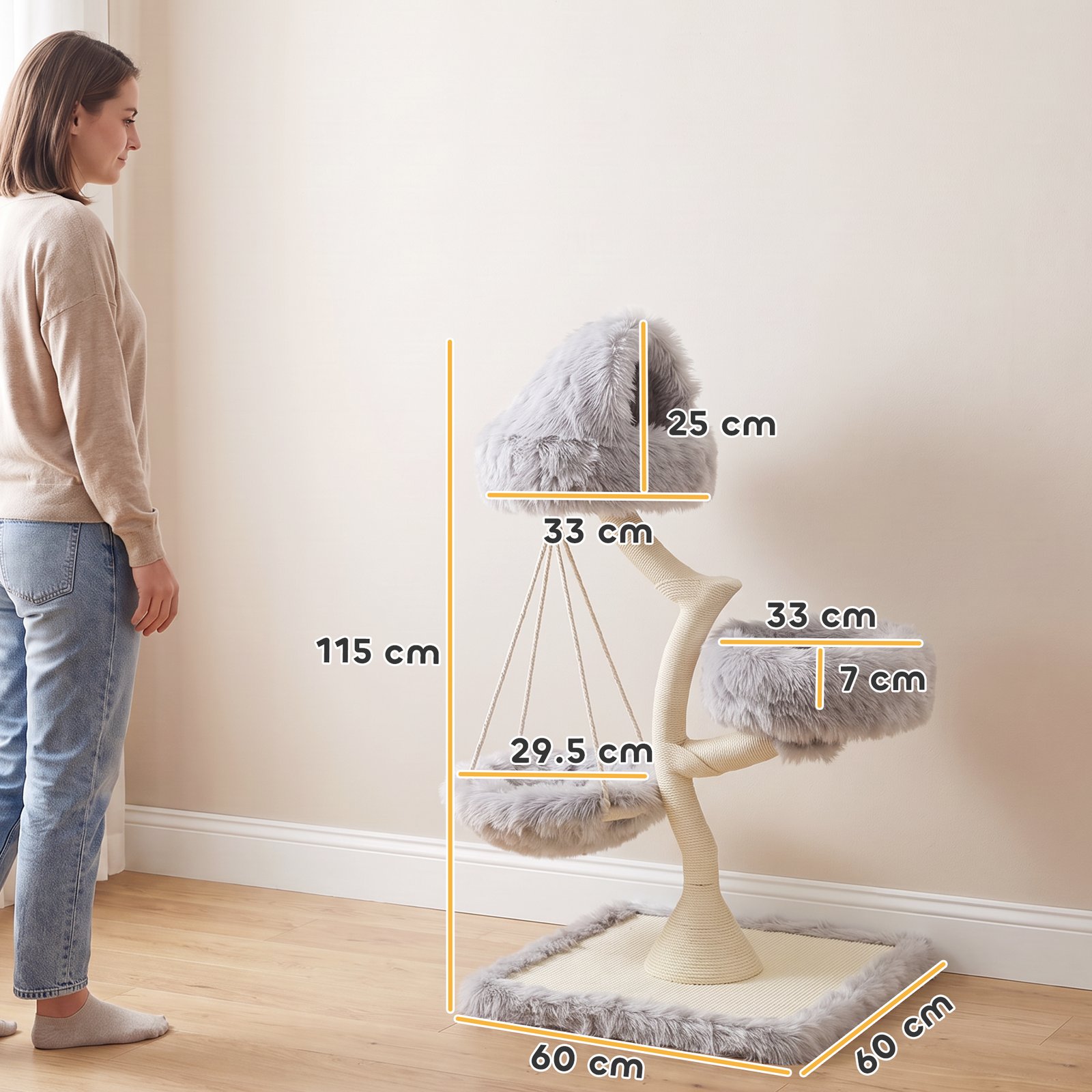 115 cm Modern Cat Tree Tower for Large Cats with Sisal Scratching Post, Holds 1 Cat up to 6kg, Machine-Washable Beds - Image 3