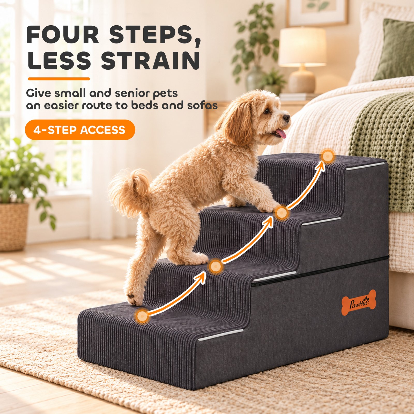 Dog Steps, 4-Step Dog Stairs for Bed and Sofa, Pet Stairs with Carry Handle, Washable Cover