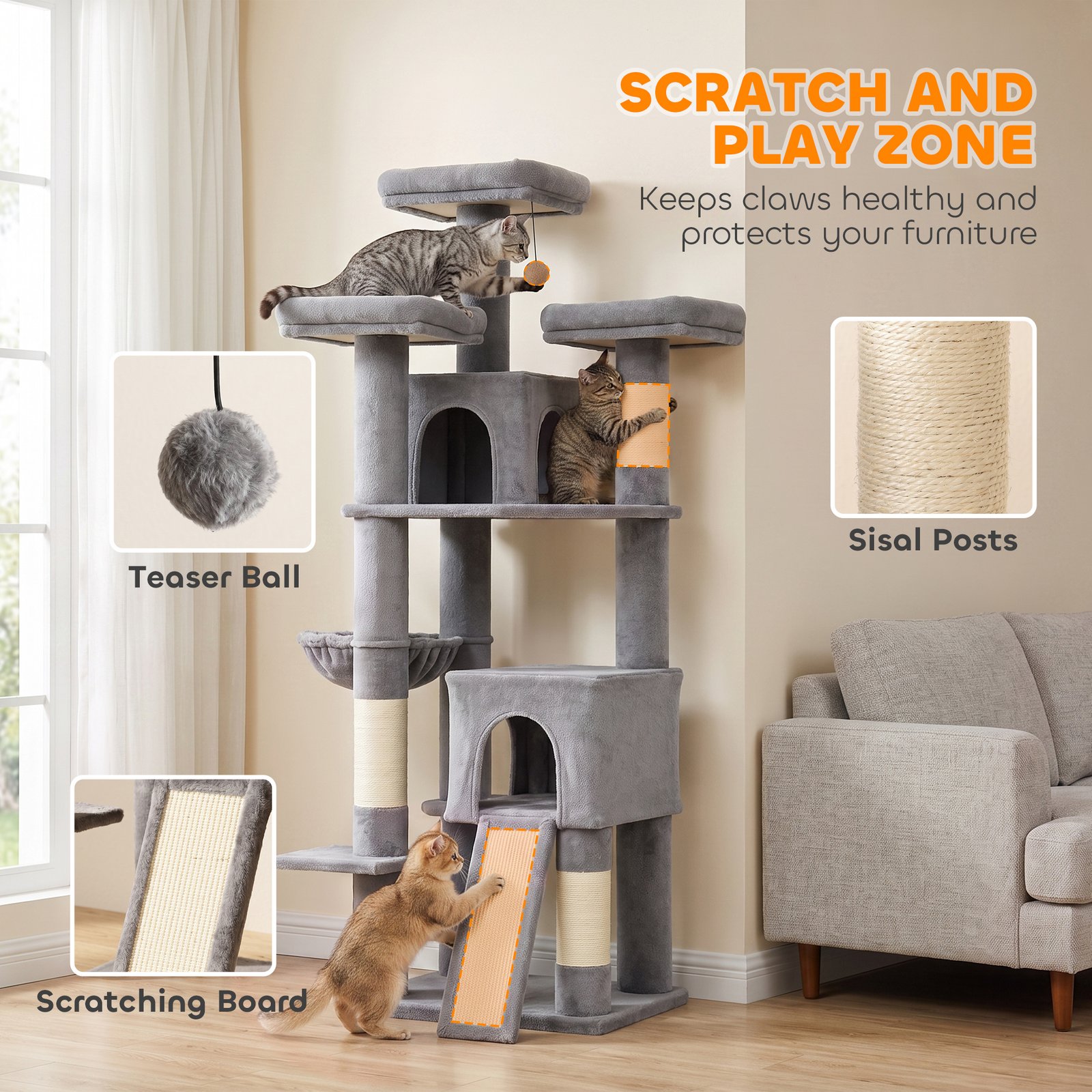 184cm Large Cat Tree for Indoor Cats, Multi-Level Tall Kitty Tower with 3 Scratching Posts, 2 Condos, 3 Padded Beds