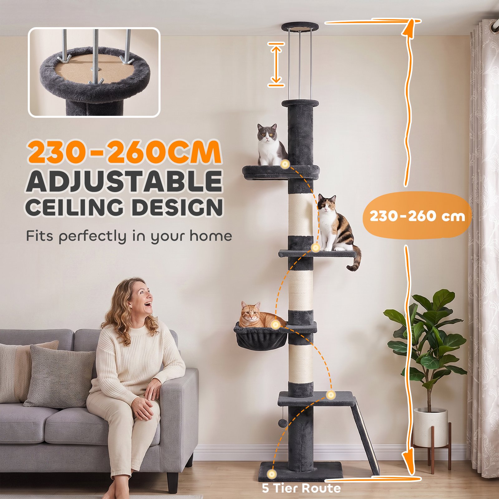 Floor to Ceiling Cat Tree, 230-260 cm Adjustable 5-Level Cat Tower with 3 Top Tension Rods, Bed, Hammock, Dark Grey