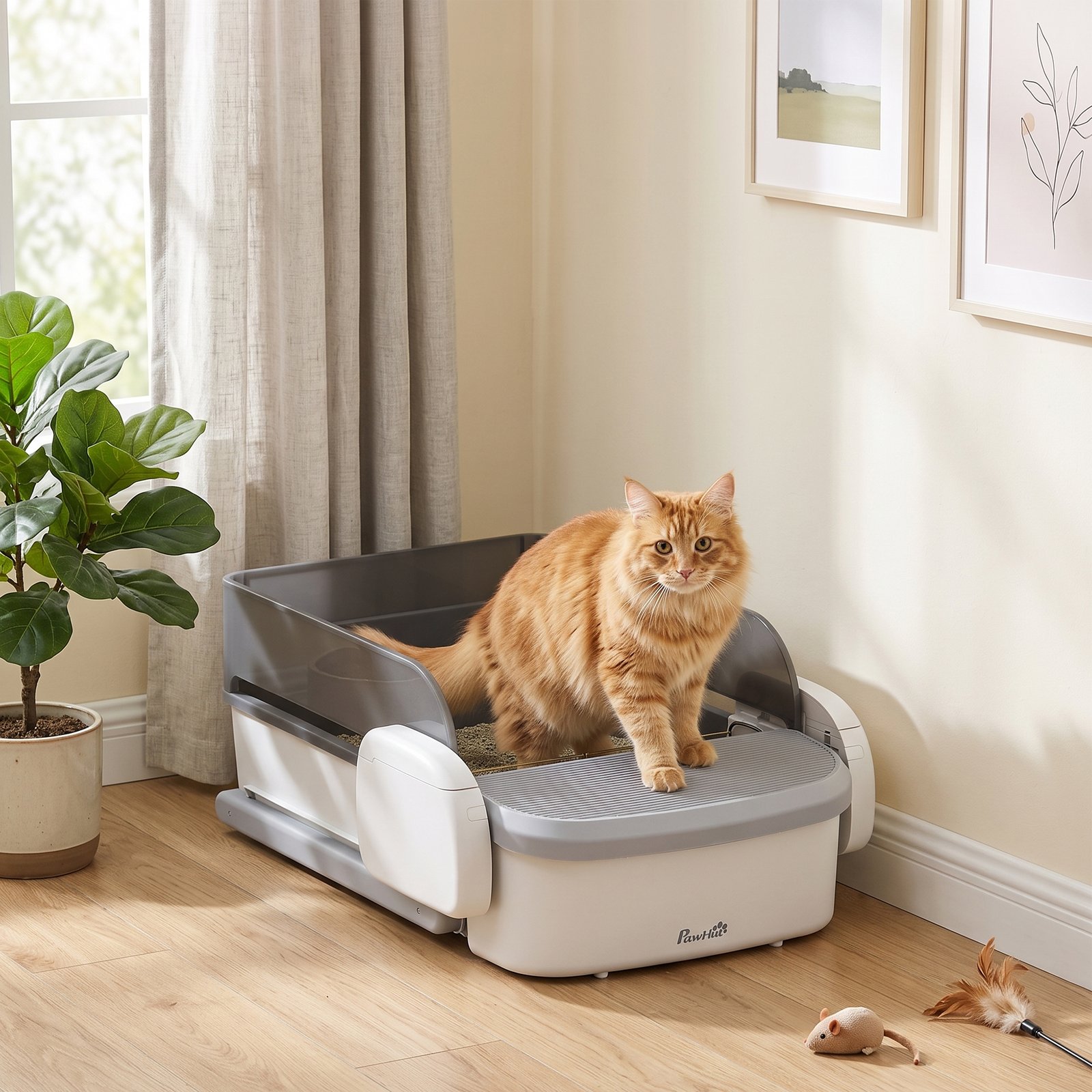 Self Cleaning Cat Litter Tray, Open-Top Automatic Litter Box with APP Control, Clumping Rake, 10L Waste Bin