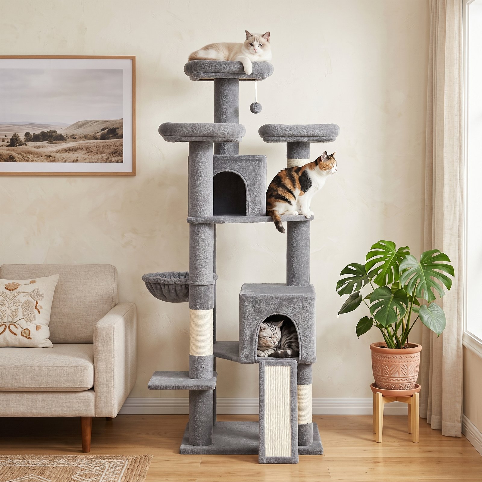 184cm Large Cat Tree for Indoor Cats, Multi-Level Tall Kitty Tower with 3 Scratching Posts, 2 Condos, 3 Padded Beds