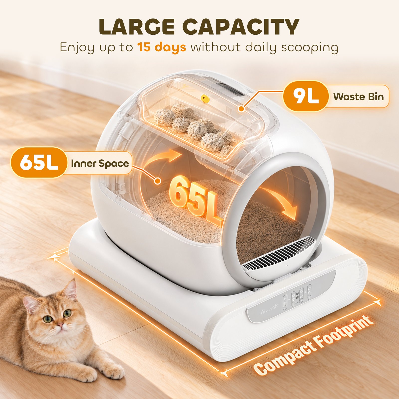 Self Cleaning Cat Litter Tray, Automatic Cat Litter Tray w/ APP Control, 65L Extra Large Capacity, 9L Waste Bin