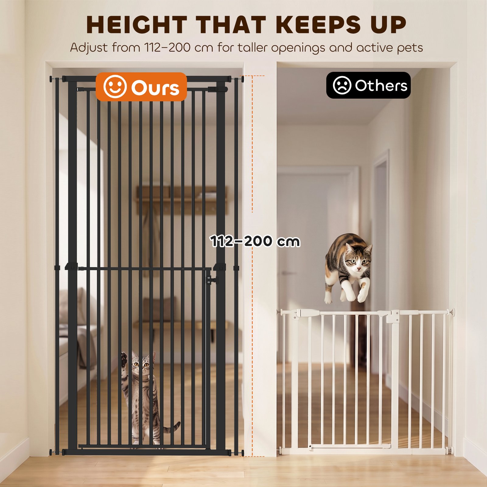 Extra Tall Pet Gate, Baby Gate w/ 112-200cm Adjustable Height, Two-Way Open, No-Drill, Fits 76-80cm & 81-85cm Door Black