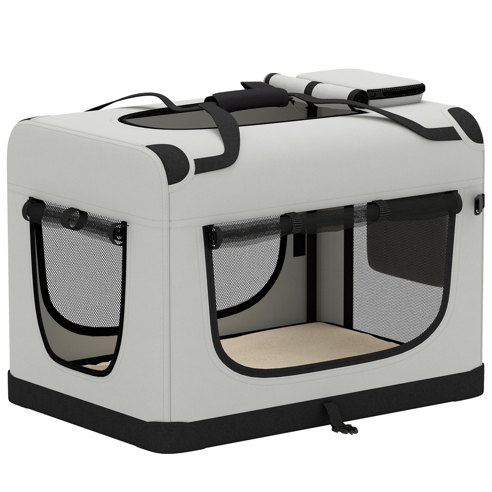 Pet Carrier Bag, Soft-Sided Dog Carrier with Security Buckle Strap, Washable Cushion and Folded Bowl, Light Grey