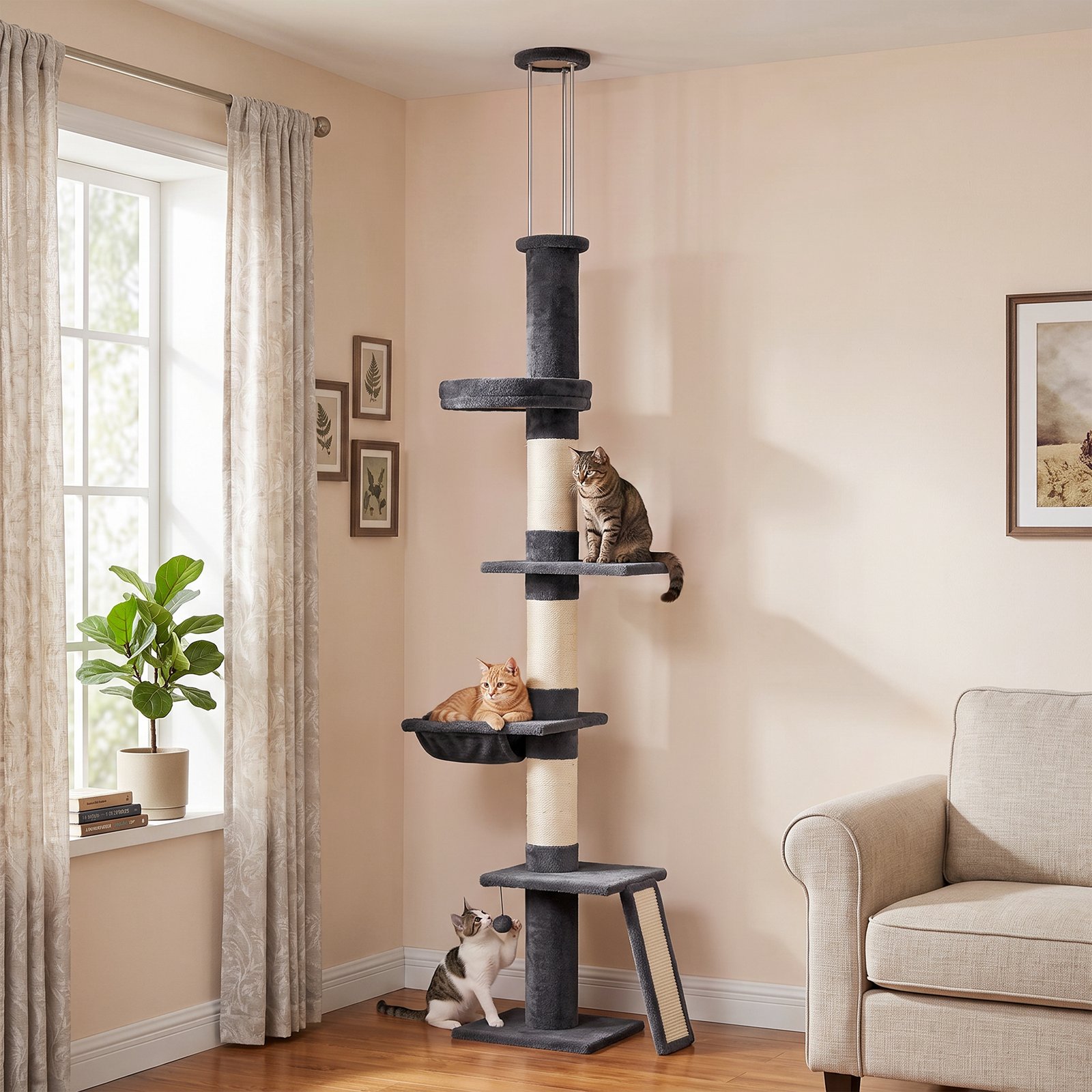 Floor to Ceiling Cat Tree, 230-260 cm Adjustable 5-Level Cat Tower with 3 Top Tension Rods, Bed, Hammock, Dark Grey