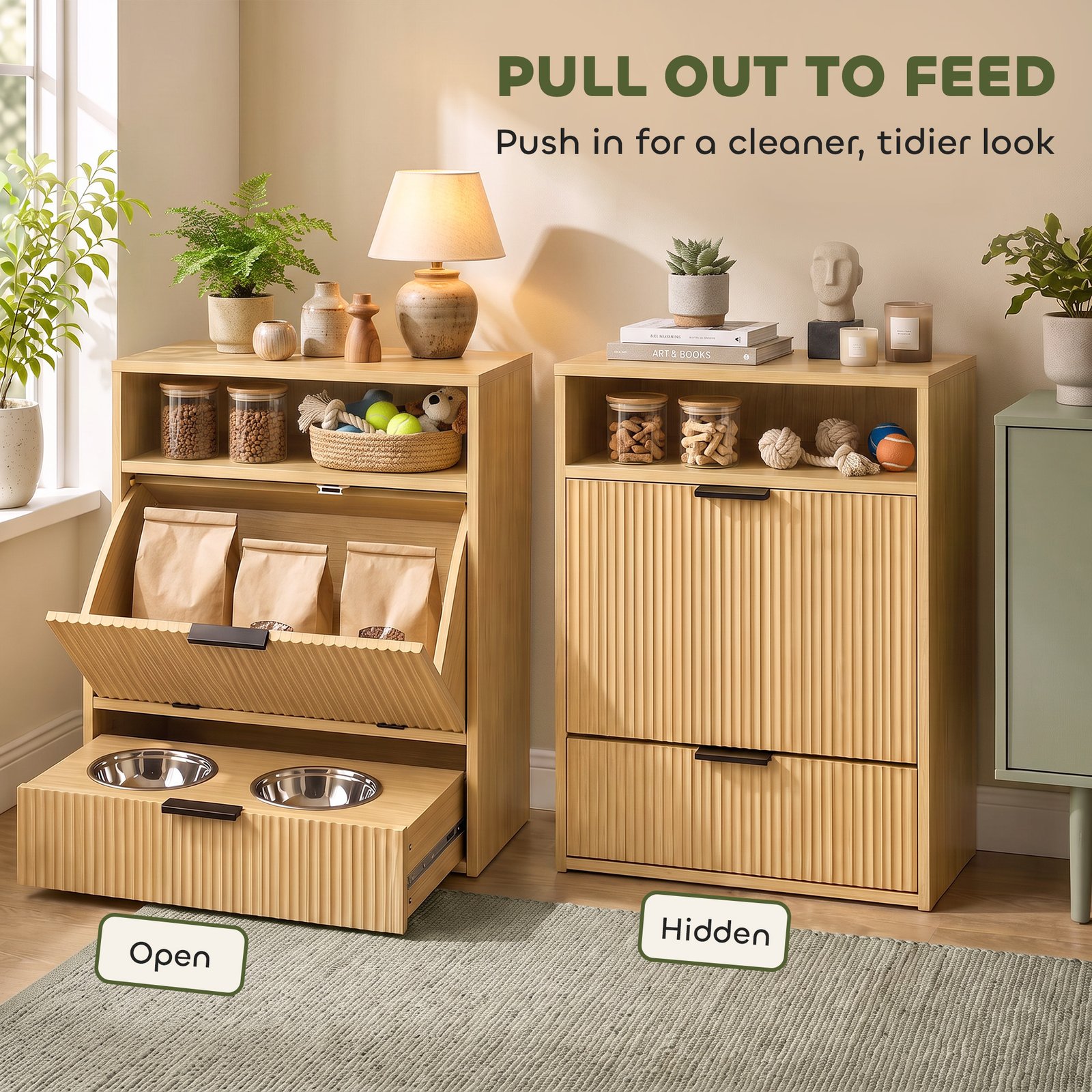 Pet Feeder Station with Storage, Dog Food Storage Container w/ 2 Raised Bowls, Tilt Out Cabinet, Slow Feeder Mat
