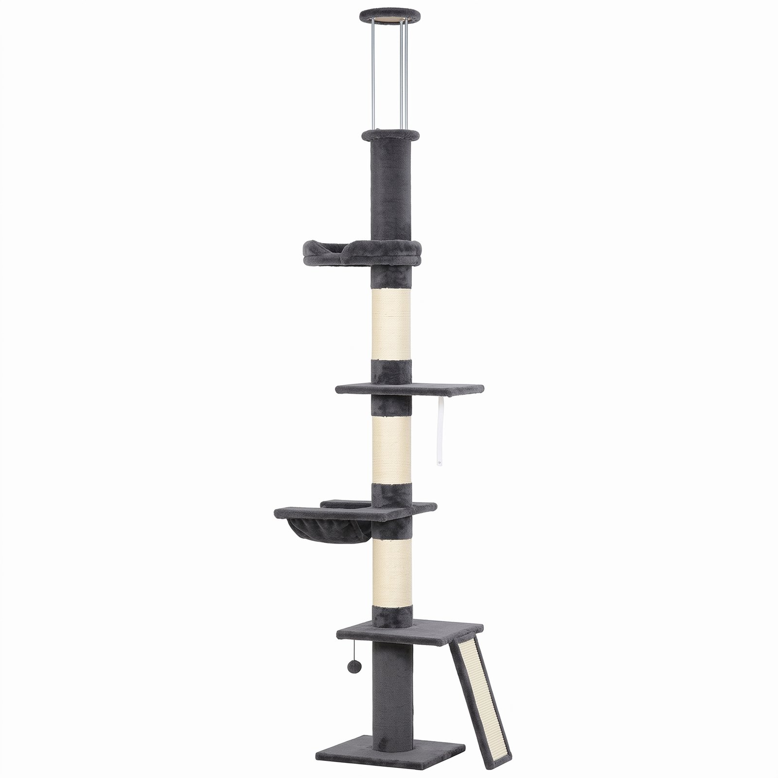 Floor to Ceiling Cat Tree, 230-260 cm Adjustable 5-Level Cat Tower with 3 Top Tension Rods, Bed, Hammock, Dark Grey