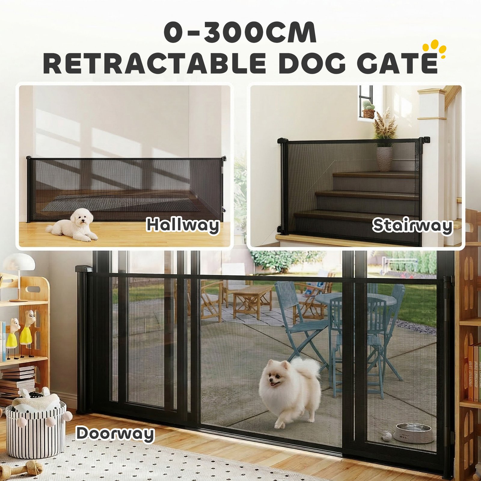 Retractable Dog Gate, Extends to 300 cm Wide & 104 cm Tall, Mesh Pet Gate Single Hand Operation, for Stairs Doorways
