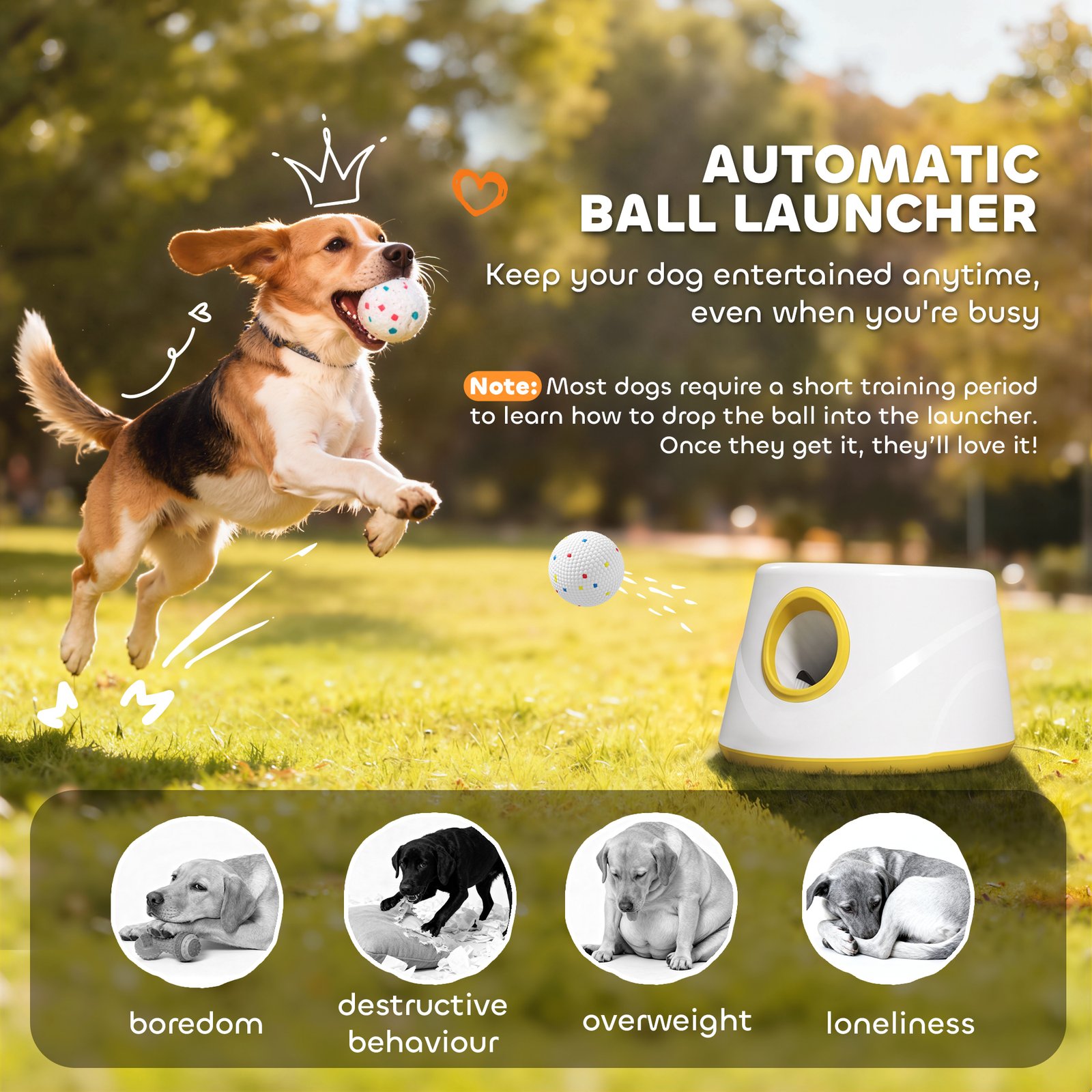 Automatic Dog Ball Launcher, Dog Thrower Machine with 6PCS 2.3" ETPU alls, 3 Adjustable Distance(20/33/46ft) & Random Mode