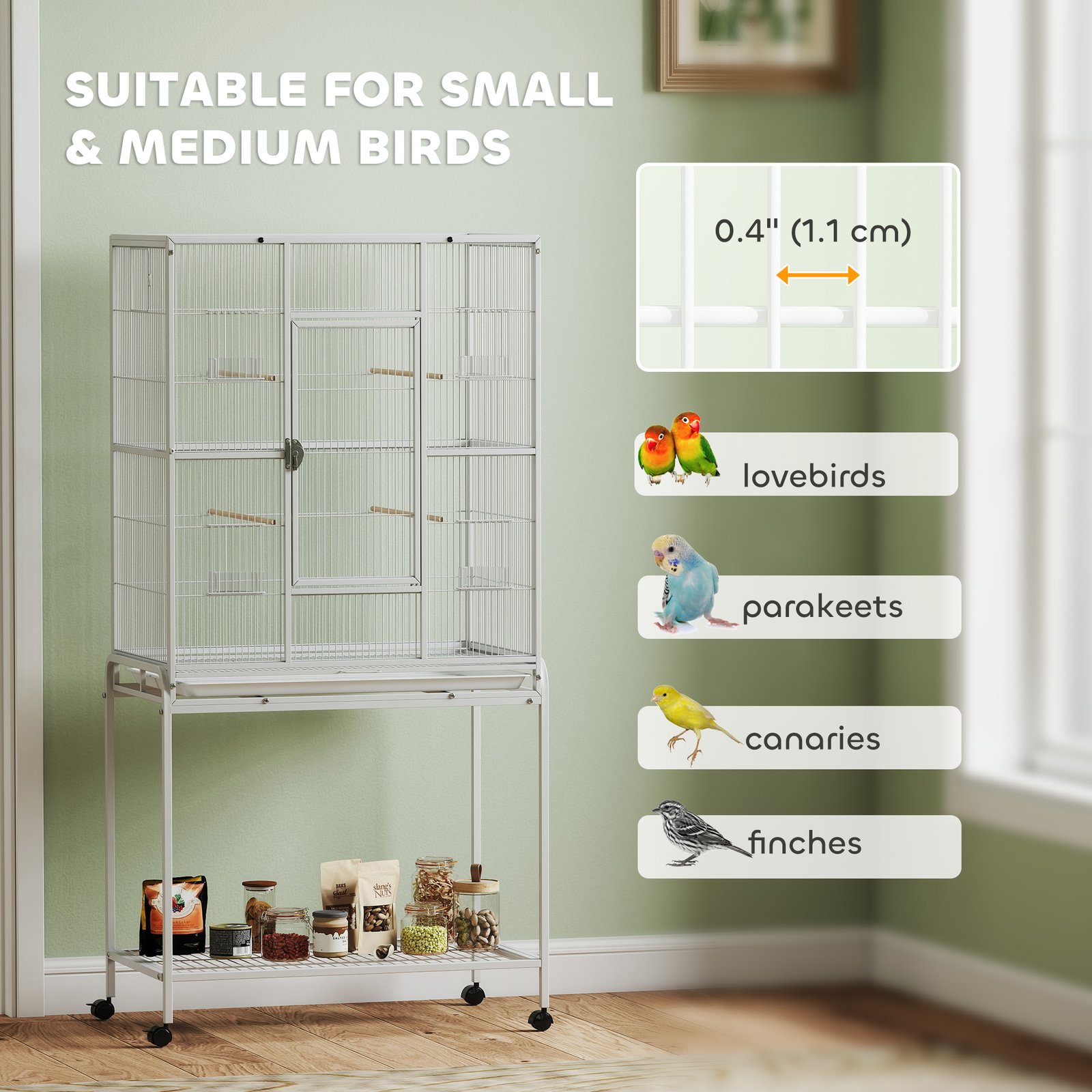 Large Bird Cage Budgie Cage with Stand, Storage Shelf, Wood Perch for Parrot, 81 x 48 x 162.5 cm, White