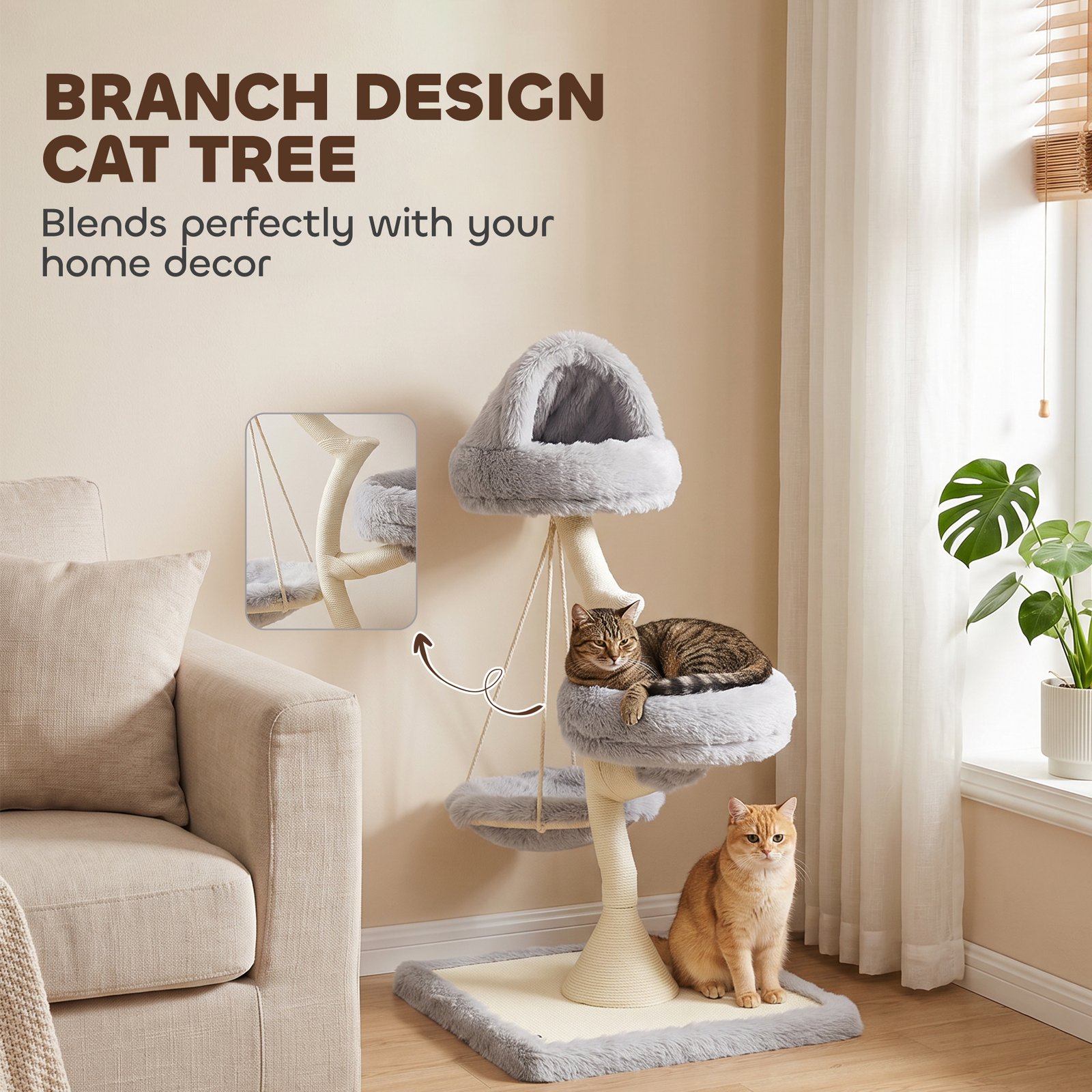 115 cm Modern Cat Tree Tower for Large Cats with Sisal Scratching Post, Holds 1 Cat up to 6kg, Machine-Washable Beds