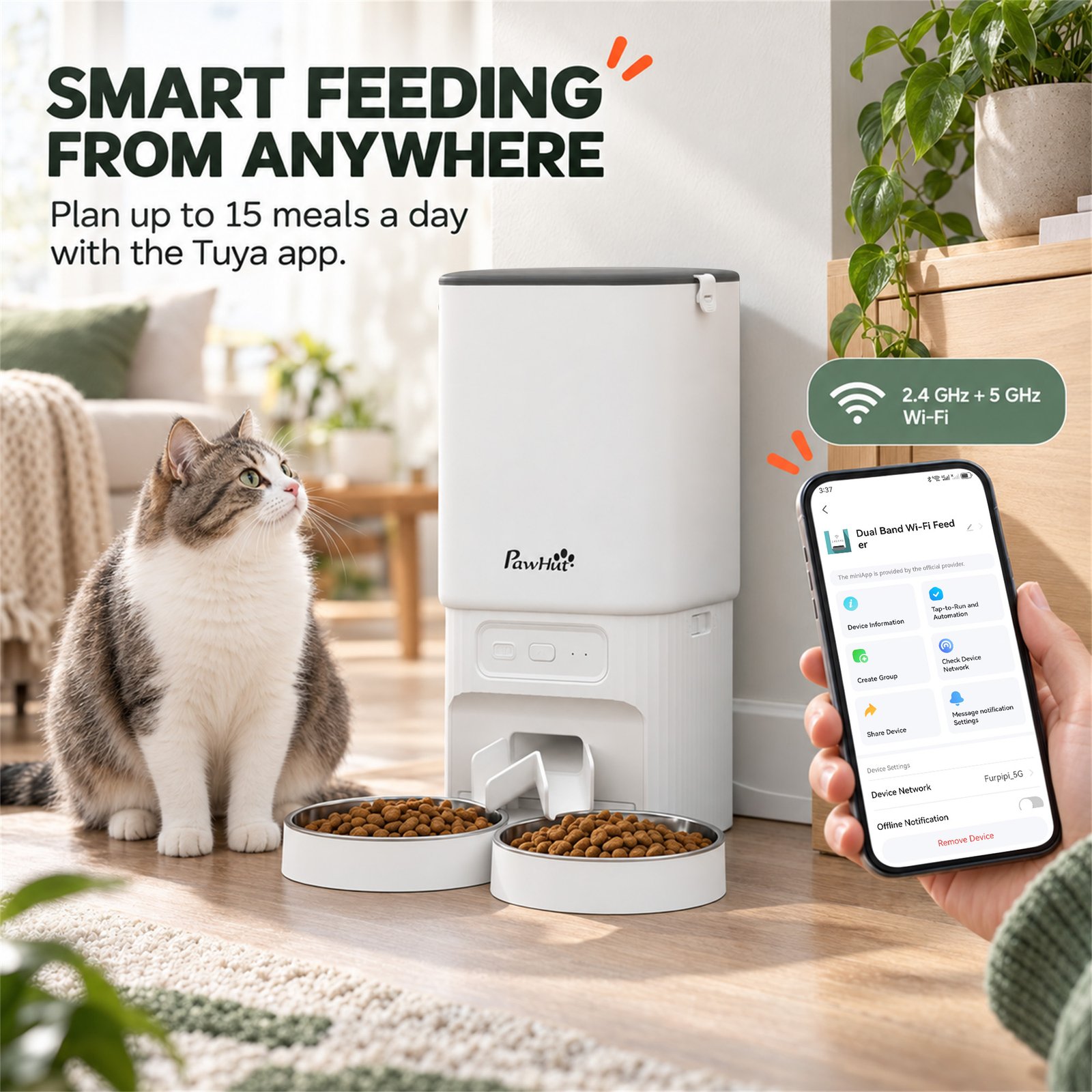 7L Automatic Cat Feeder with App Control, 2.4G/5G WiFi, Timer, 15 Meals/Day, Dual Power, 10s Voice Recording, Anti-Clog
