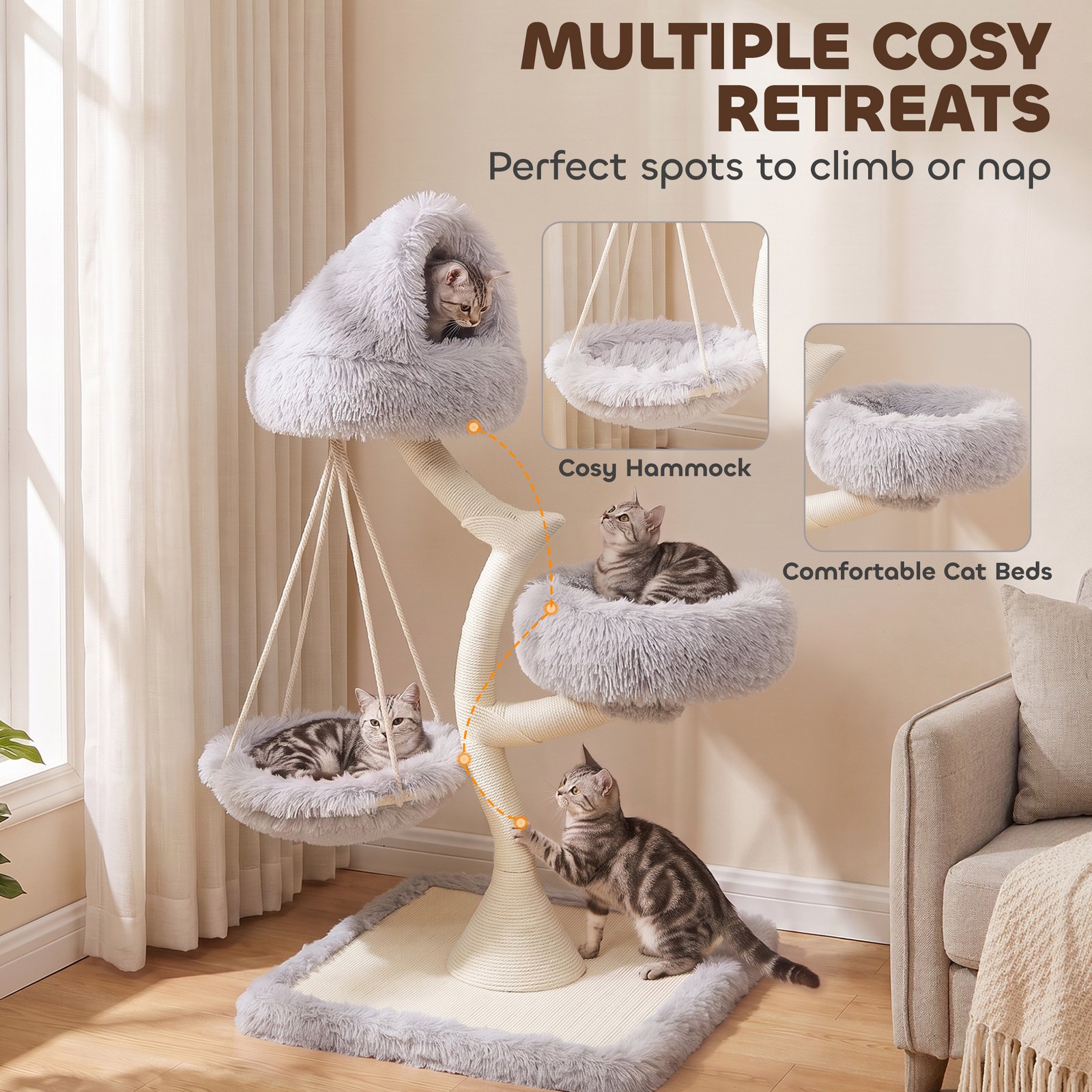 115 cm Modern Cat Tree Tower for Large Cats with Sisal Scratching Post, Holds 1 Cat up to 6kg, Machine-Washable Beds - Image 5