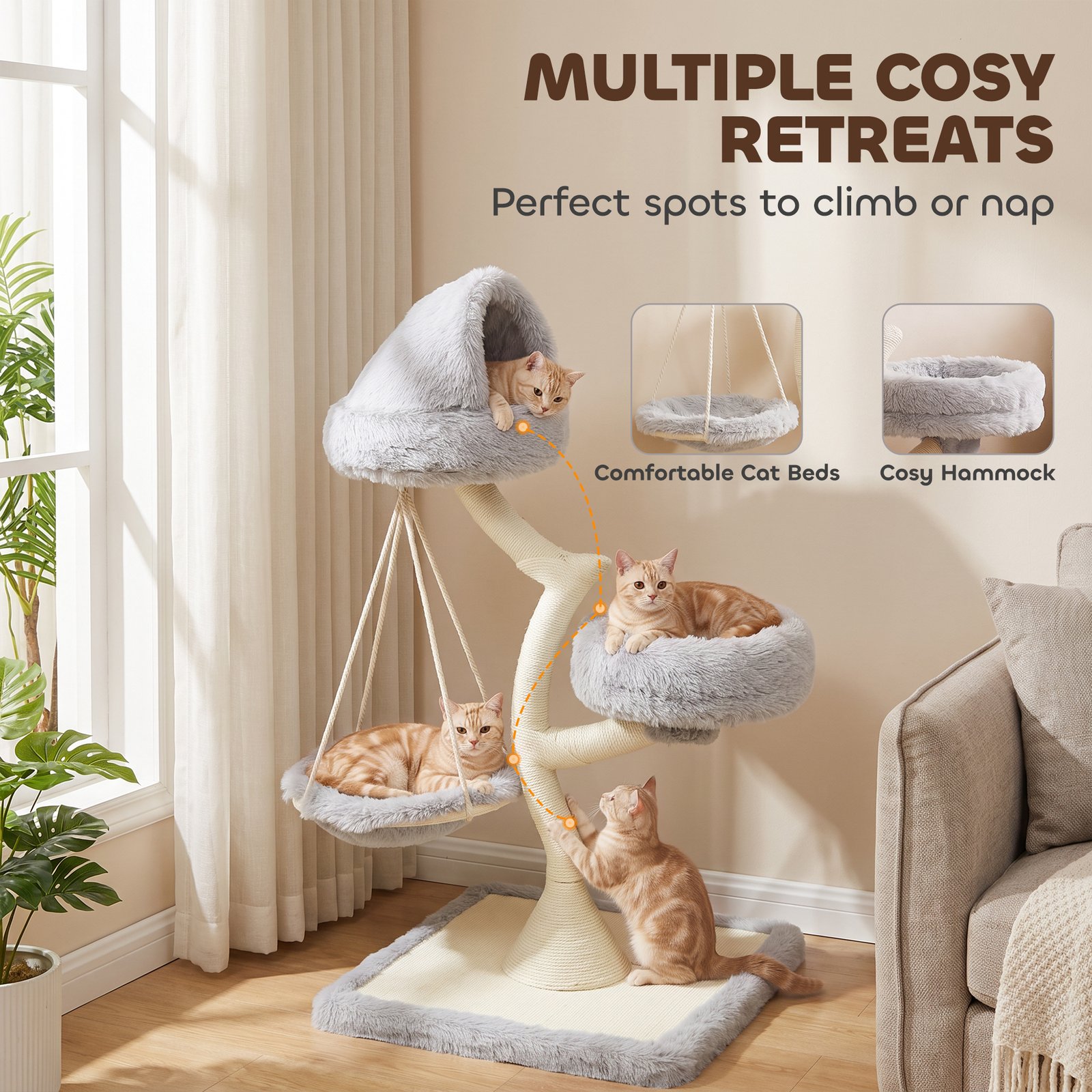 115 cm Modern Cat Tree Tower for Large Cats with Sisal Scratching Post, Holds 1 Cat up to 6kg, Machine-Washable Beds
