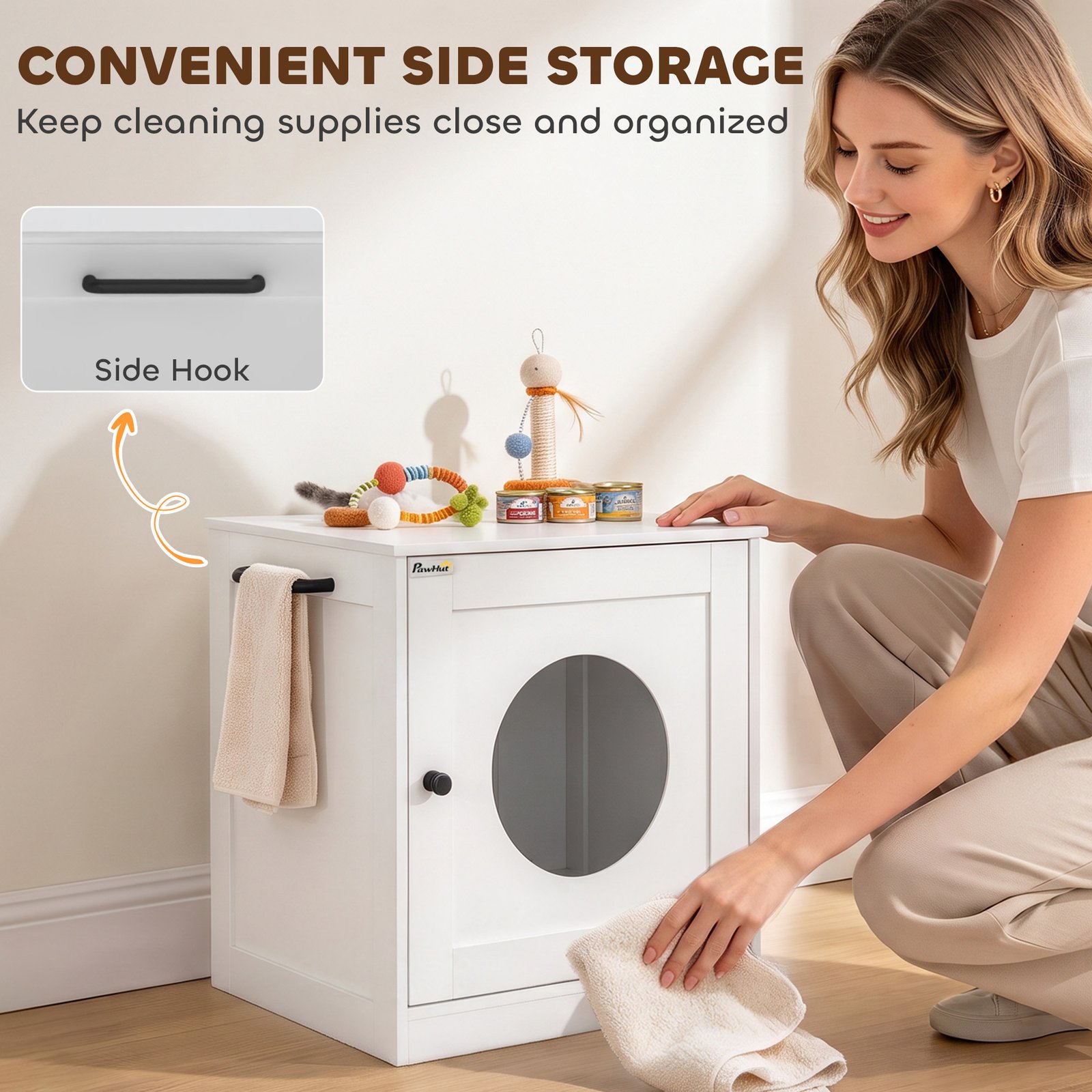 Cat Litter Box Enclosure, Hidden Litter Box Furniture with Side Hook, Wooden Cat Washroom Storage Cabinet, White
