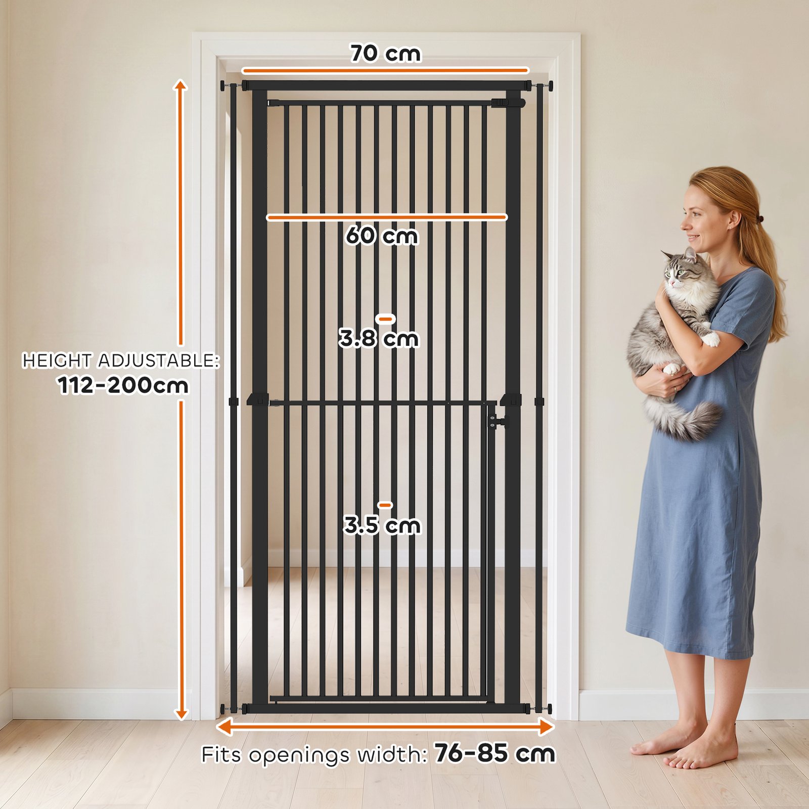 Extra Tall Pet Gate, Baby Gate w/ 112-200cm Adjustable Height, Two-Way Open, No-Drill, Fits 76-80cm & 81-85cm Door Black