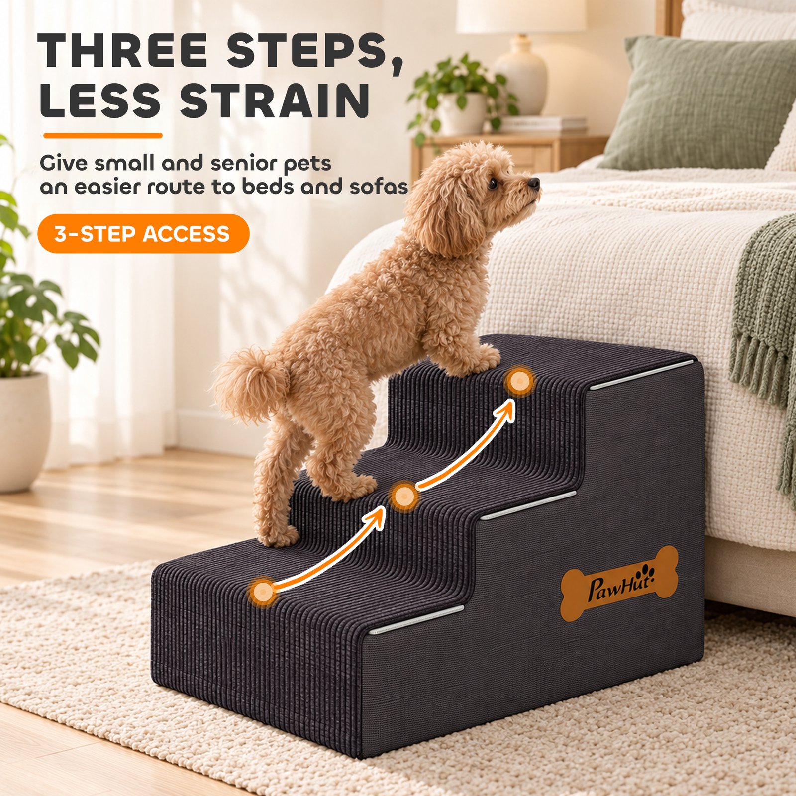 Dog Steps, 3-Step Dog Stairs for Bed and Sofa, Pet Stairs with Carry Handle, Washable Cover