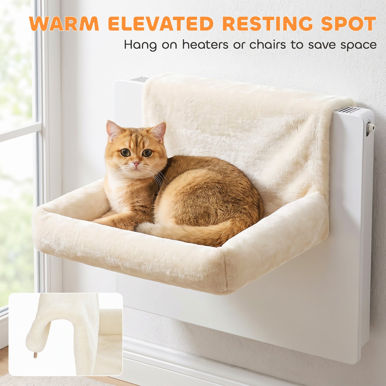 Cat Radiator Bed, Hanging Warm Hammock w/ Foldable Metal Frame, Removable Washable Cover, Cream