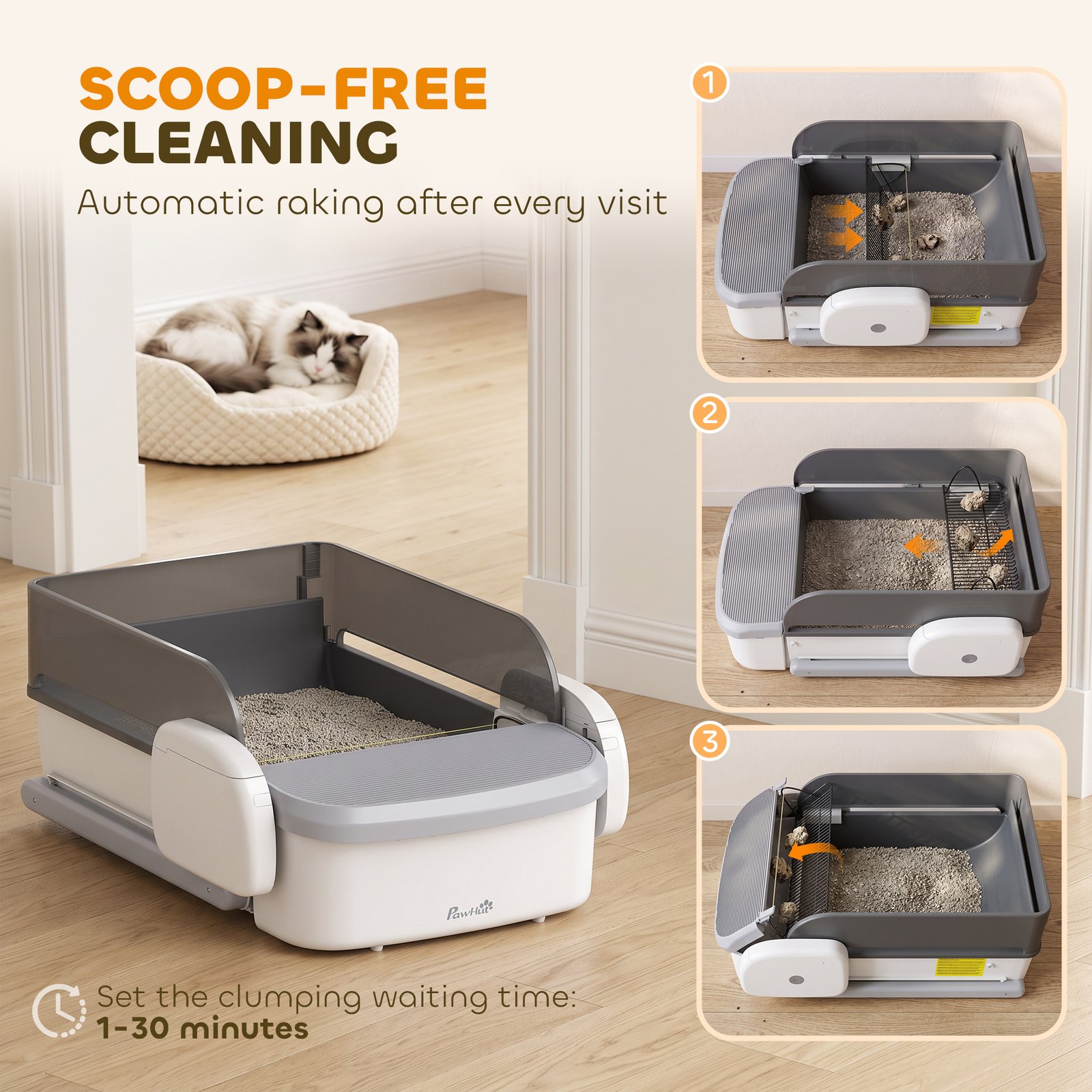 Self Cleaning Cat Litter Tray, Open-Top Automatic Litter Box with APP Control, Clumping Rake, 10L Waste Bin