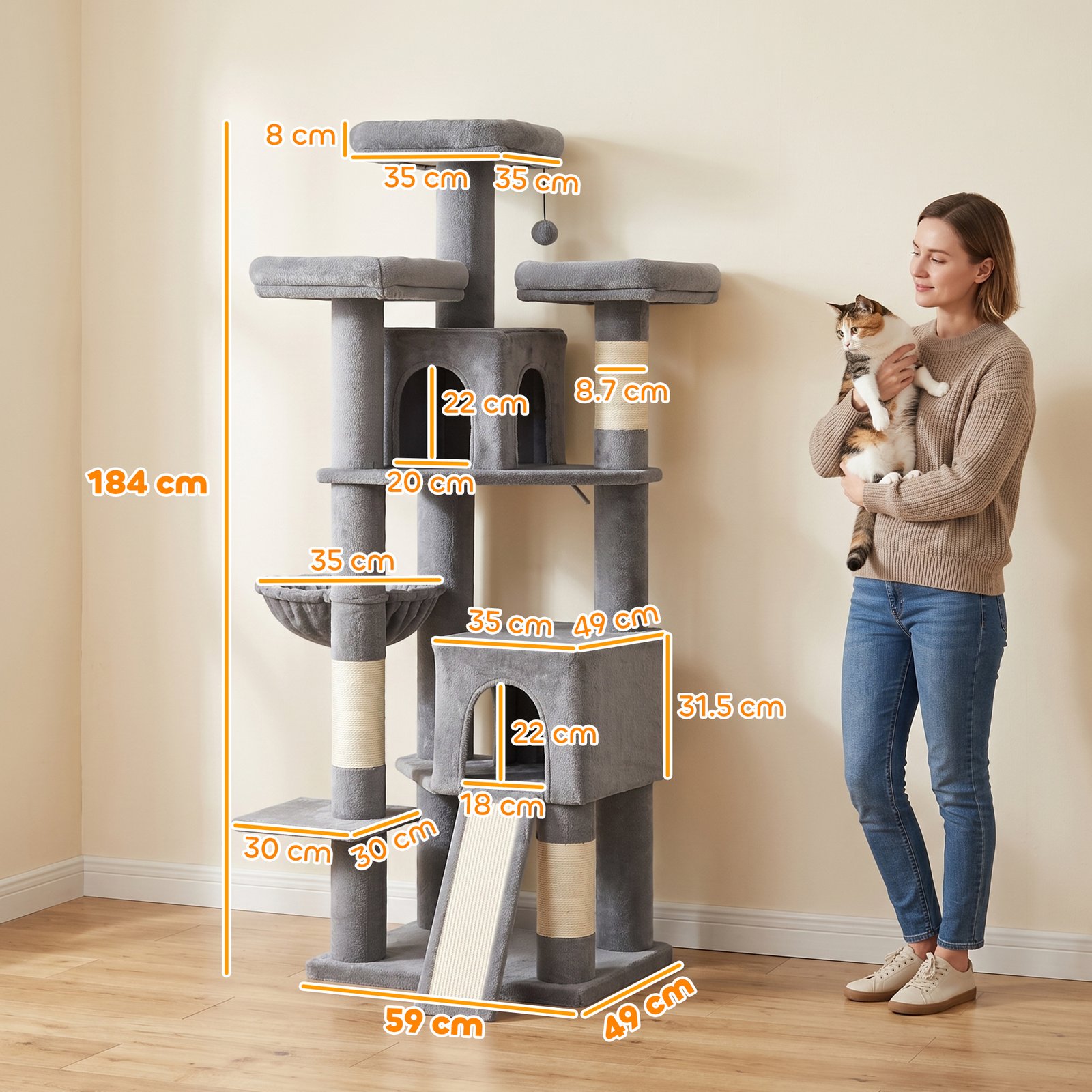 184cm Large Cat Tree for Indoor Cats, Multi-Level Tall Kitty Tower with 3 Scratching Posts, 2 Condos, 3 Padded Beds