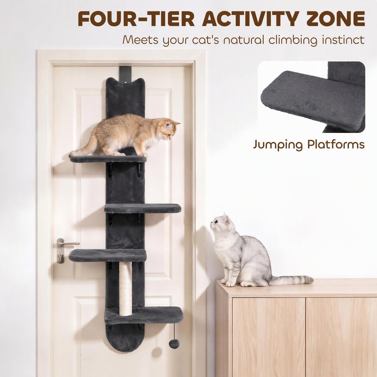 Door Hanging Cat Shelf, 4-Level Over Door Cat Climber with Platforms, Scratching Post and Hanging Ball, Dark Grey