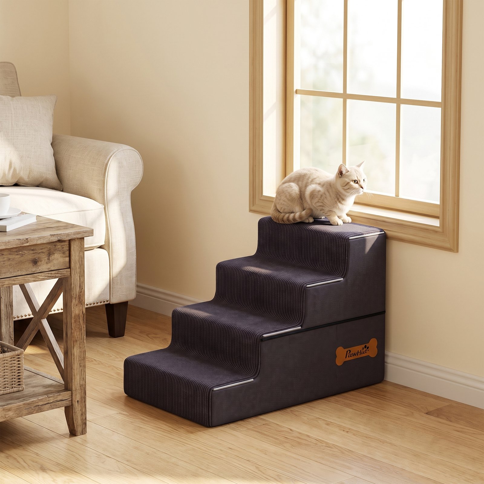 Dog Steps, 4-Step Dog Stairs for Bed and Sofa, Pet Stairs with Carry Handle, Washable Cover