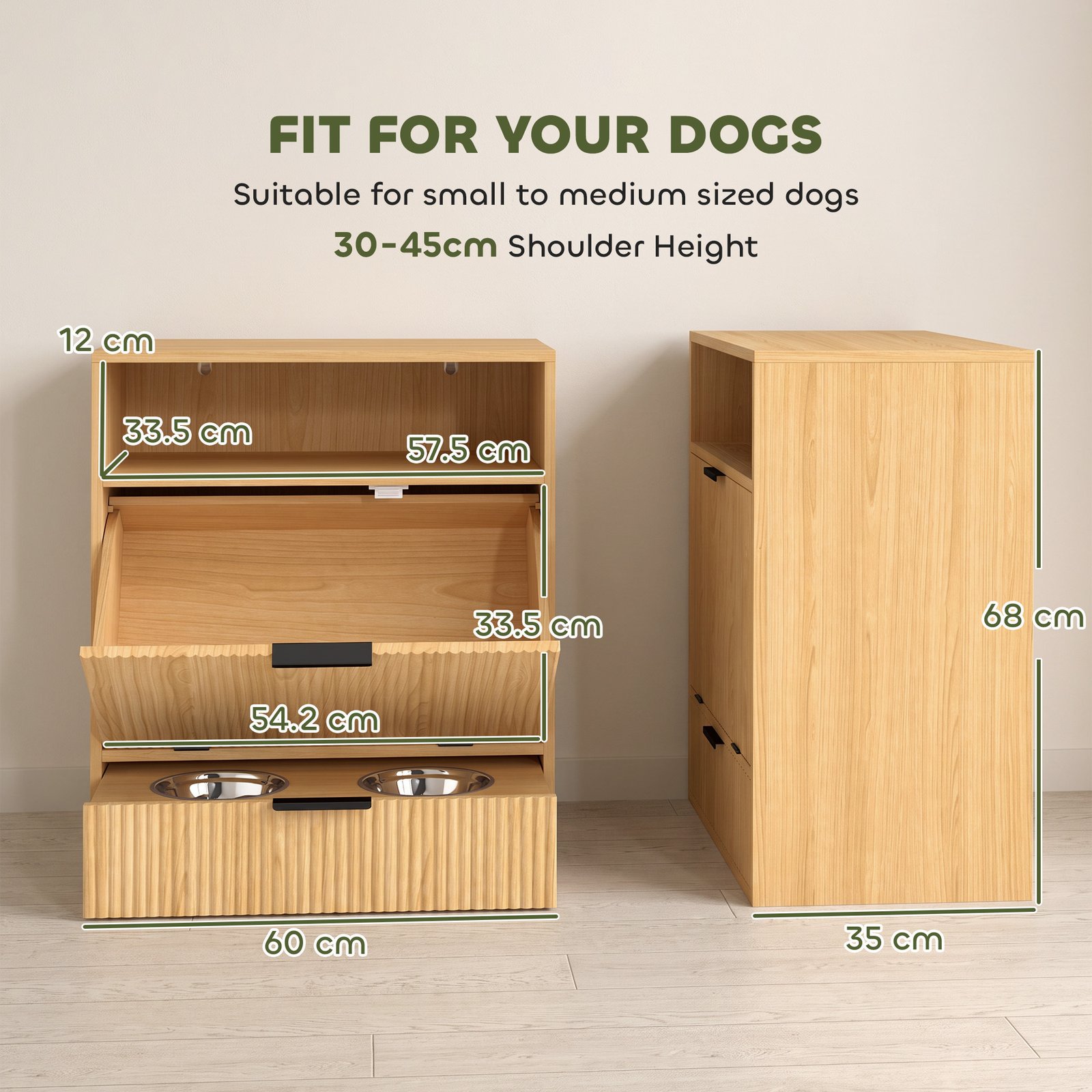 Pet Feeder Station with Storage, Dog Food Storage Container w/ 2 Raised Bowls, Tilt Out Cabinet, Slow Feeder Mat