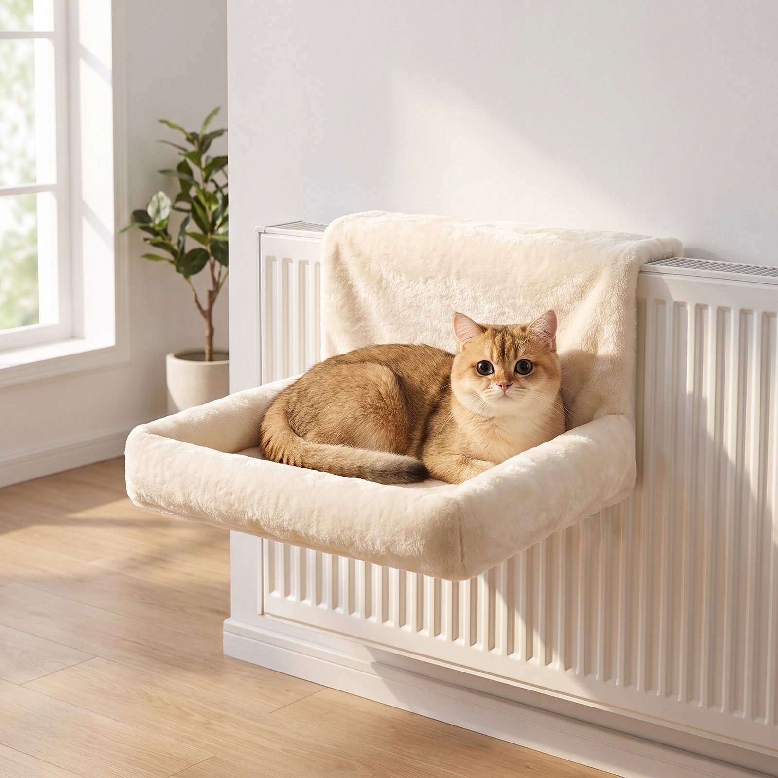 Cat Radiator Bed, Hanging Warm Hammock w/ Foldable Metal Frame, Removable Washable Cover, Cream
