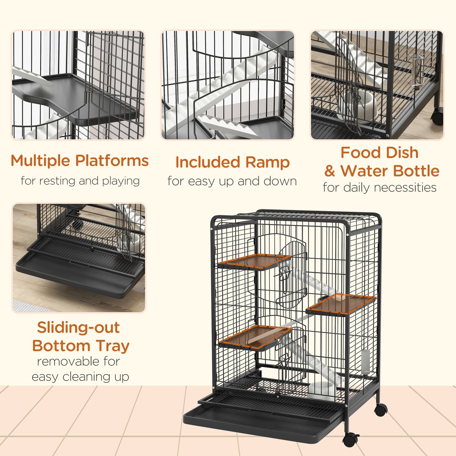 4 Levels Removable Small Animal Cage, 95cm - Black