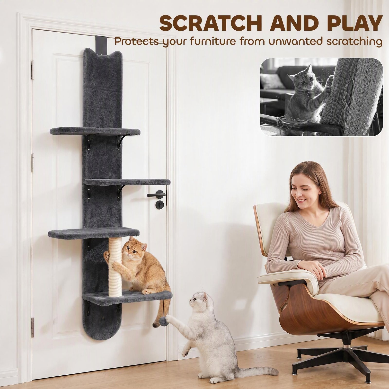 Door Hanging Cat Shelf, 4-Level Over Door Cat Climber with Platforms, Scratching Post and Hanging Ball, Dark Grey