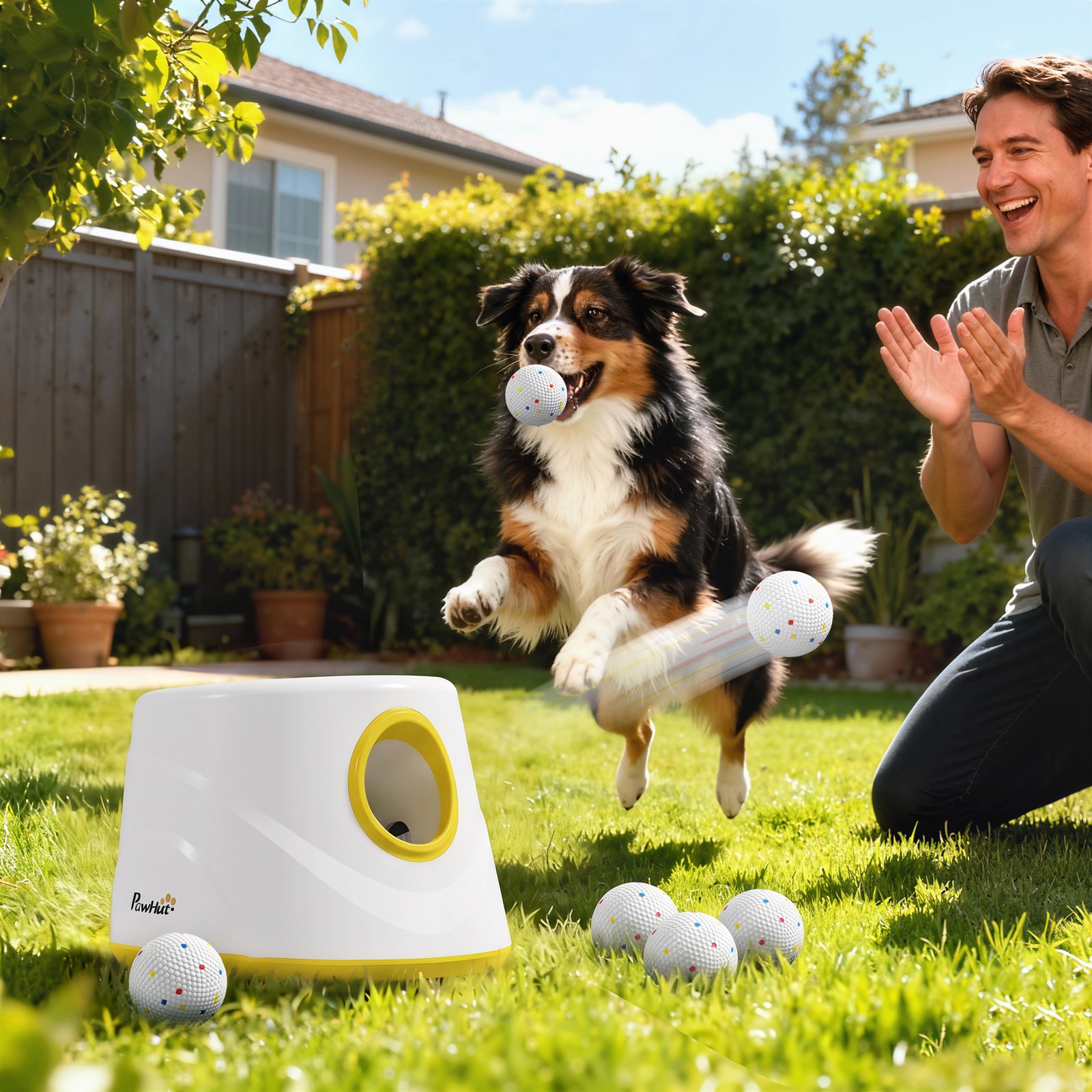 Automatic Dog Ball Launcher, Dog Thrower Machine with 6PCS 2.3" ETPU alls, 3 Adjustable Distance(20/33/46ft) & Random Mode