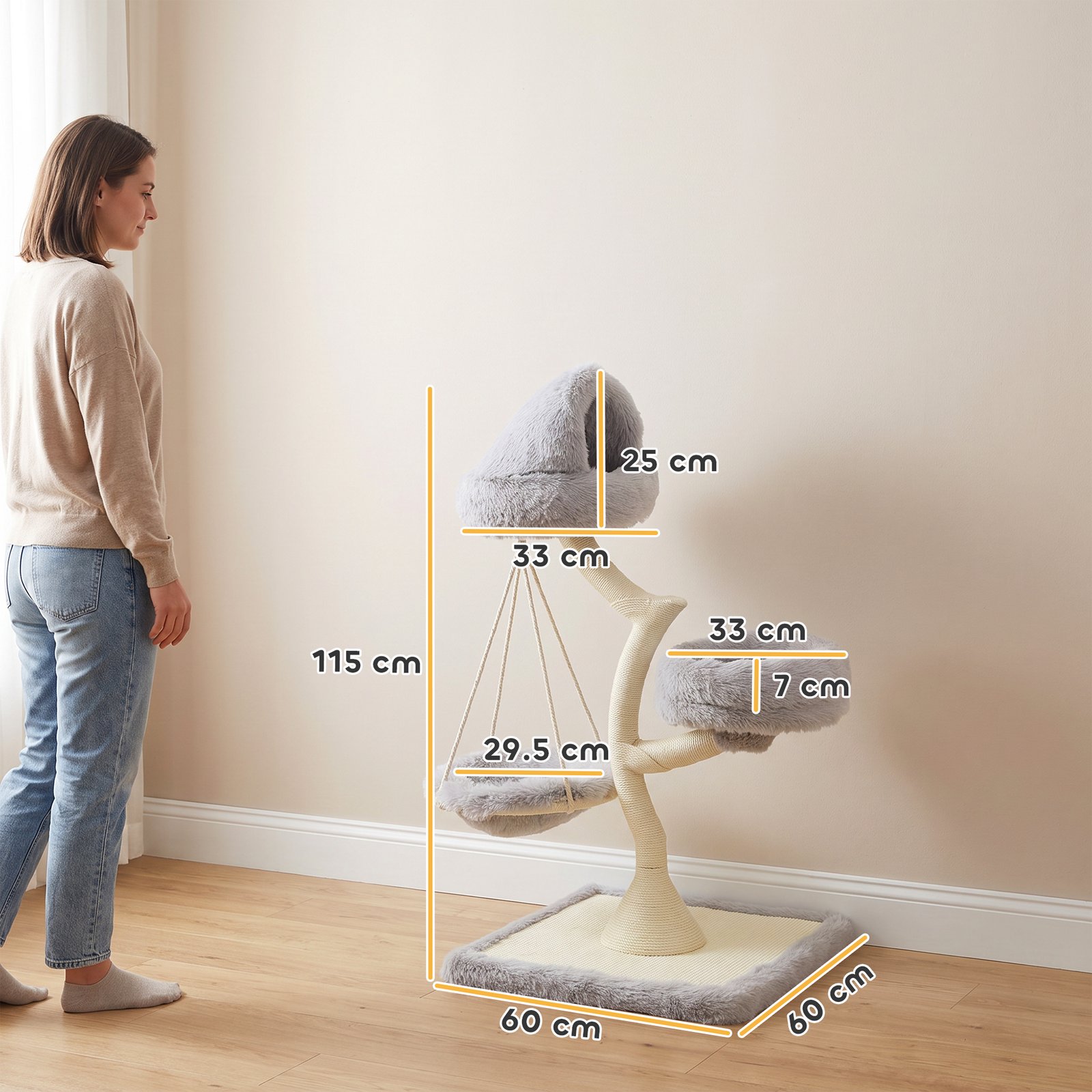 115 cm Modern Cat Tree Tower for Large Cats with Sisal Scratching Post, Holds 1 Cat up to 6kg, Machine-Washable Beds