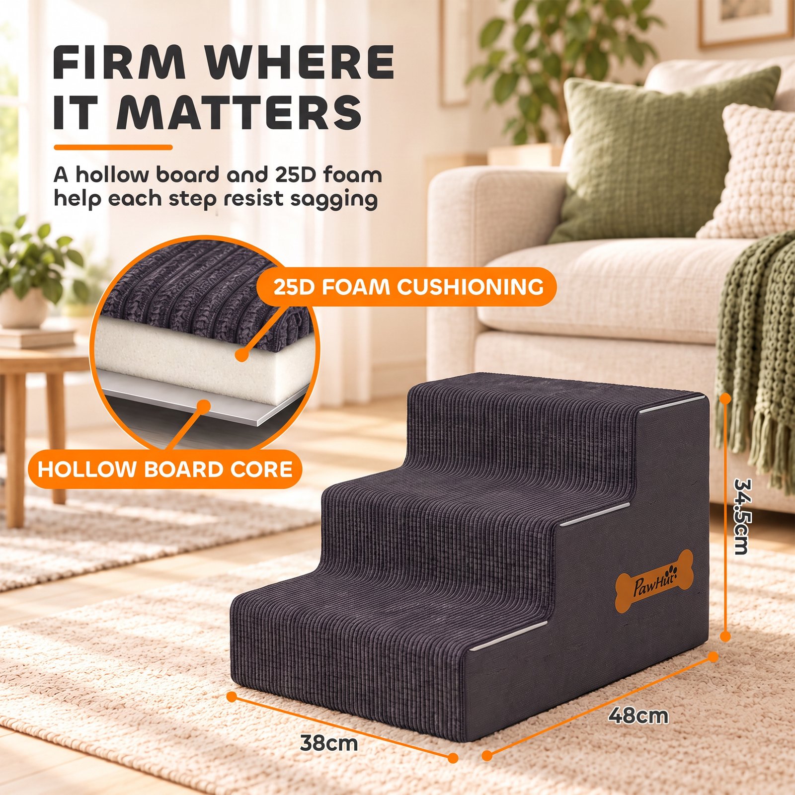 Dog Steps, 3-Step Dog Stairs for Bed and Sofa, Pet Stairs with Carry Handle, Washable Cover