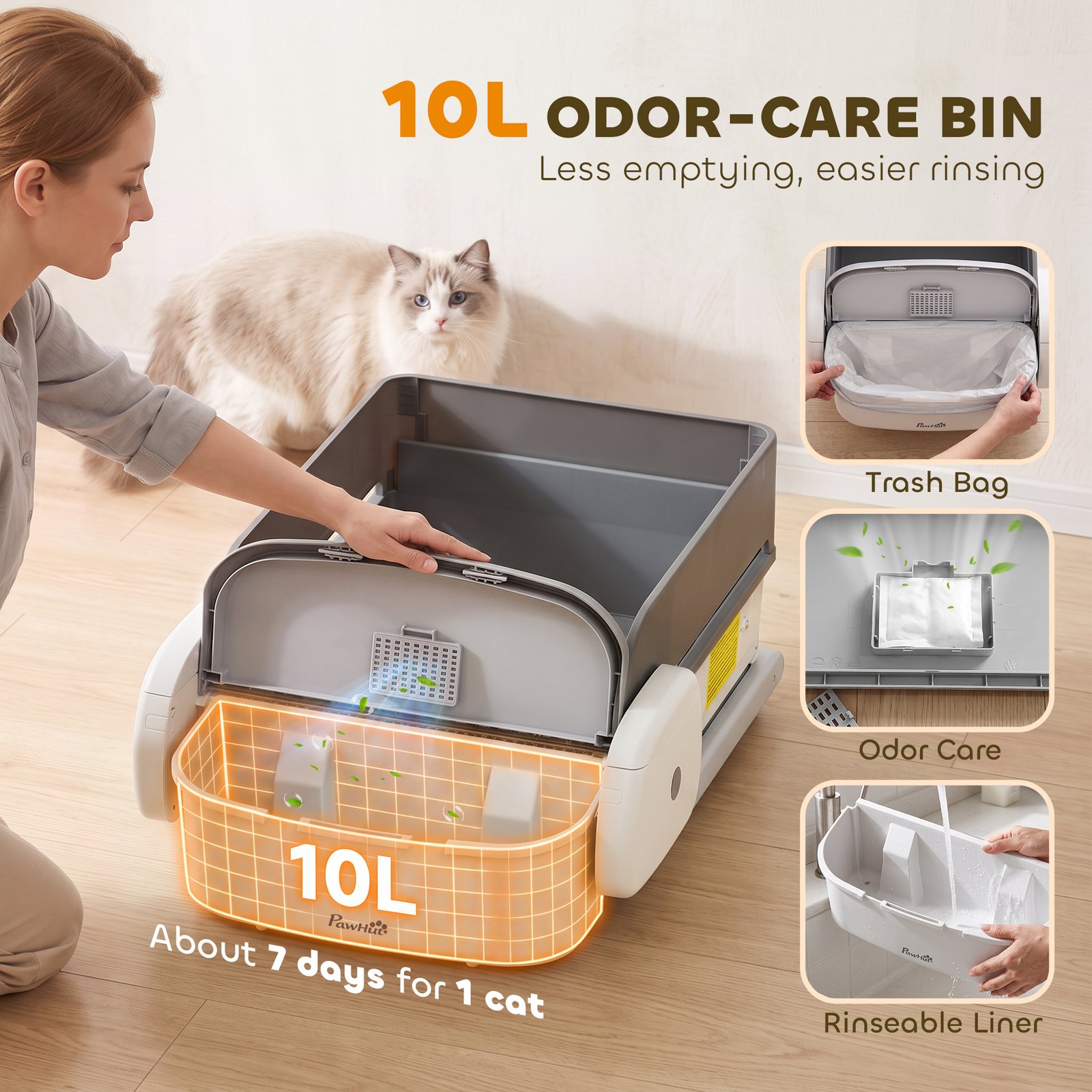 Self Cleaning Cat Litter Tray, Open-Top Automatic Litter Box with APP Control, Clumping Rake, 10L Waste Bin