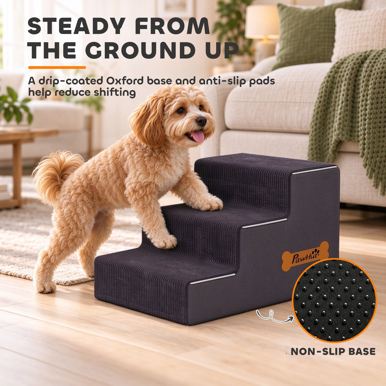 Dog Steps, 3-Step Dog Stairs for Bed and Sofa, Pet Stairs with Carry Handle, Washable Cover