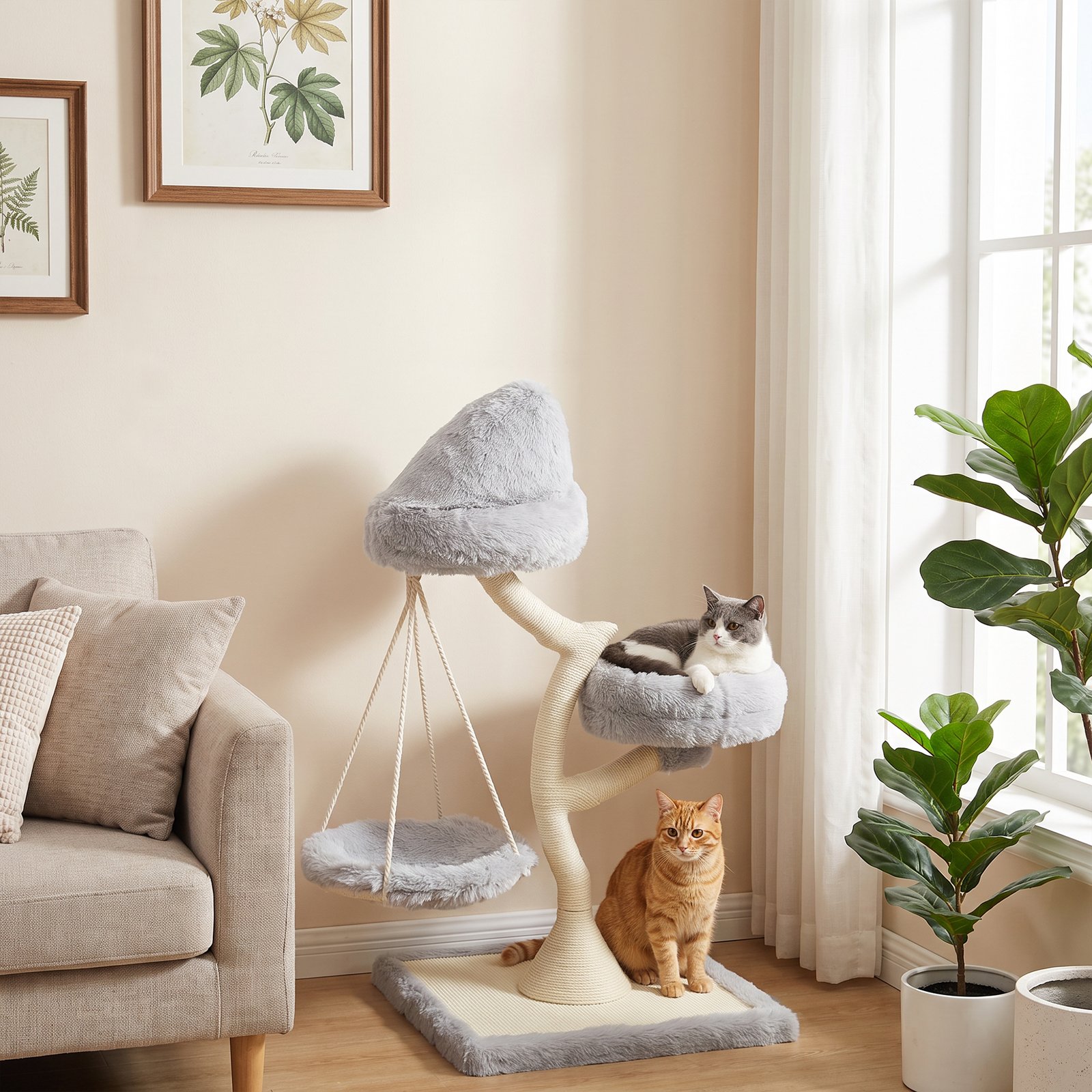115 cm Modern Cat Tree Tower for Large Cats with Sisal Scratching Post, Holds 1 Cat up to 6kg, Machine-Washable Beds