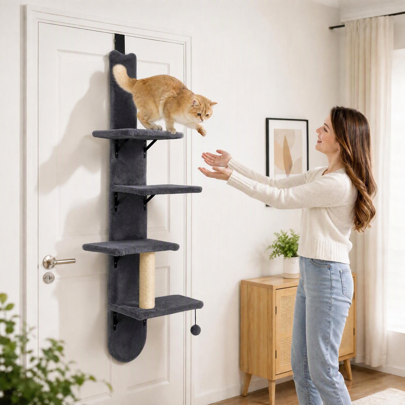 Door Hanging Cat Shelf, 4-Level Over Door Cat Climber with Platforms, Scratching Post and Hanging Ball, Dark Grey