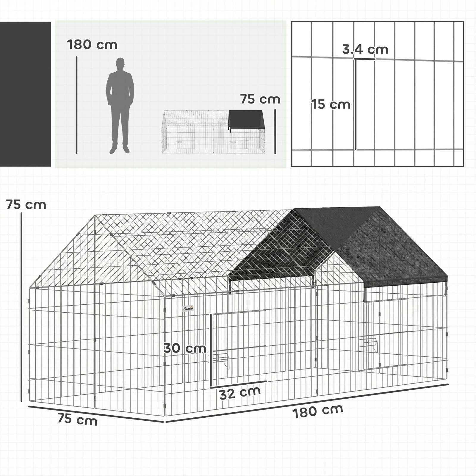 Rabbit Run with Protective Cover for Small Animals, Chickens, Guinea Pigs, Tortoises, 180 x 75 x 75 cm, Black