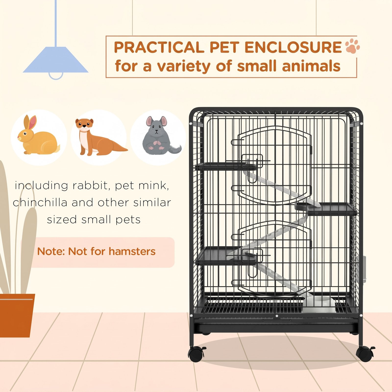 4 Levels Removable Small Animal Cage, 95cm - Black