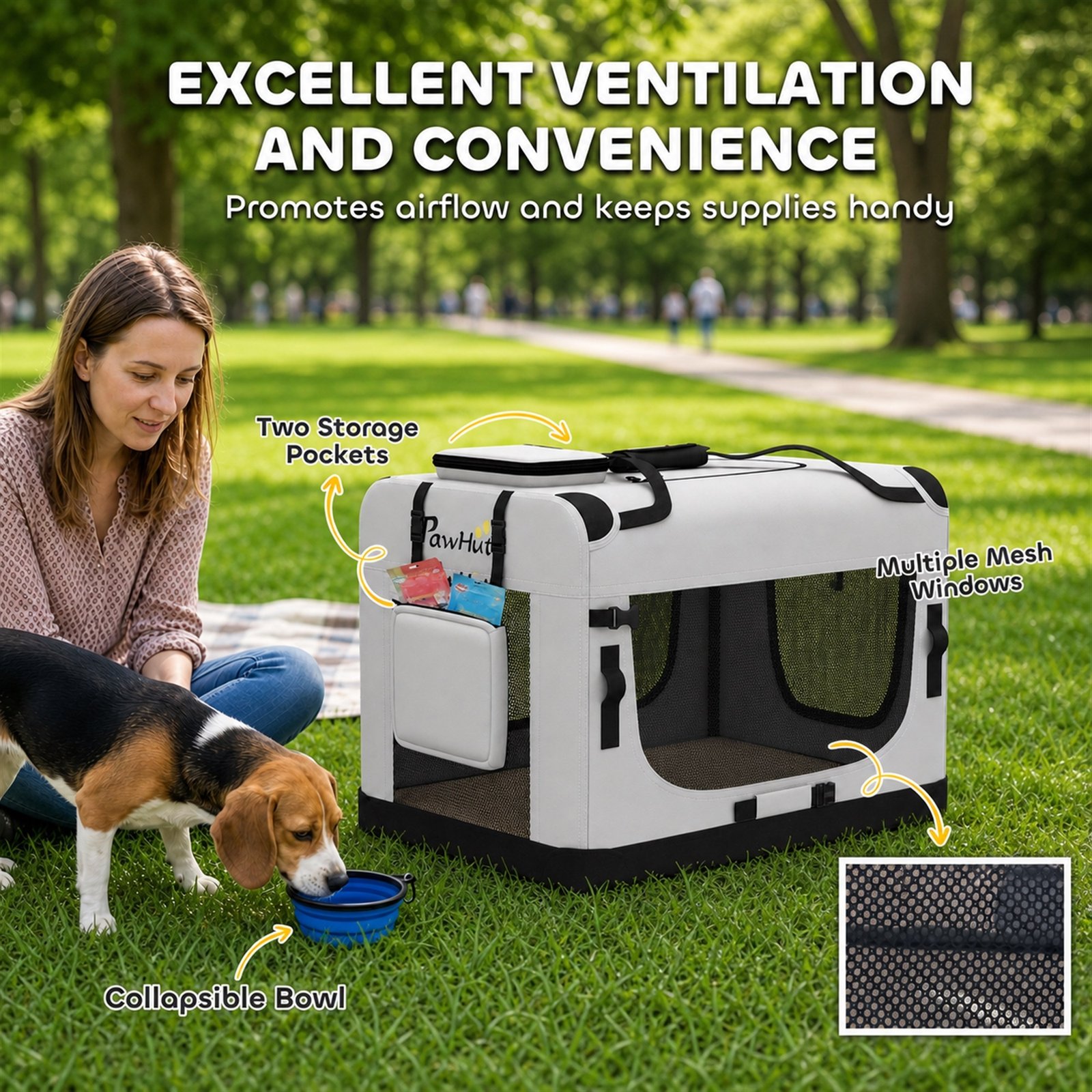 Pet Carrier Bag, Soft-Sided Dog Carrier with Security Buckle Strap, Washable Cushion and Folded Bowl, Light Grey